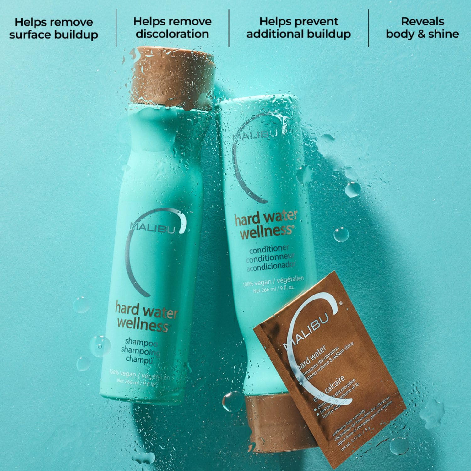 Sky Blue Malibu C Hard Water Wellness Remedy - Hard Water Shampoo, Conditioner & Hair Mask Packets for Removing Deposits and Impurities - Hydrating Hair Care Set (6 Ct)