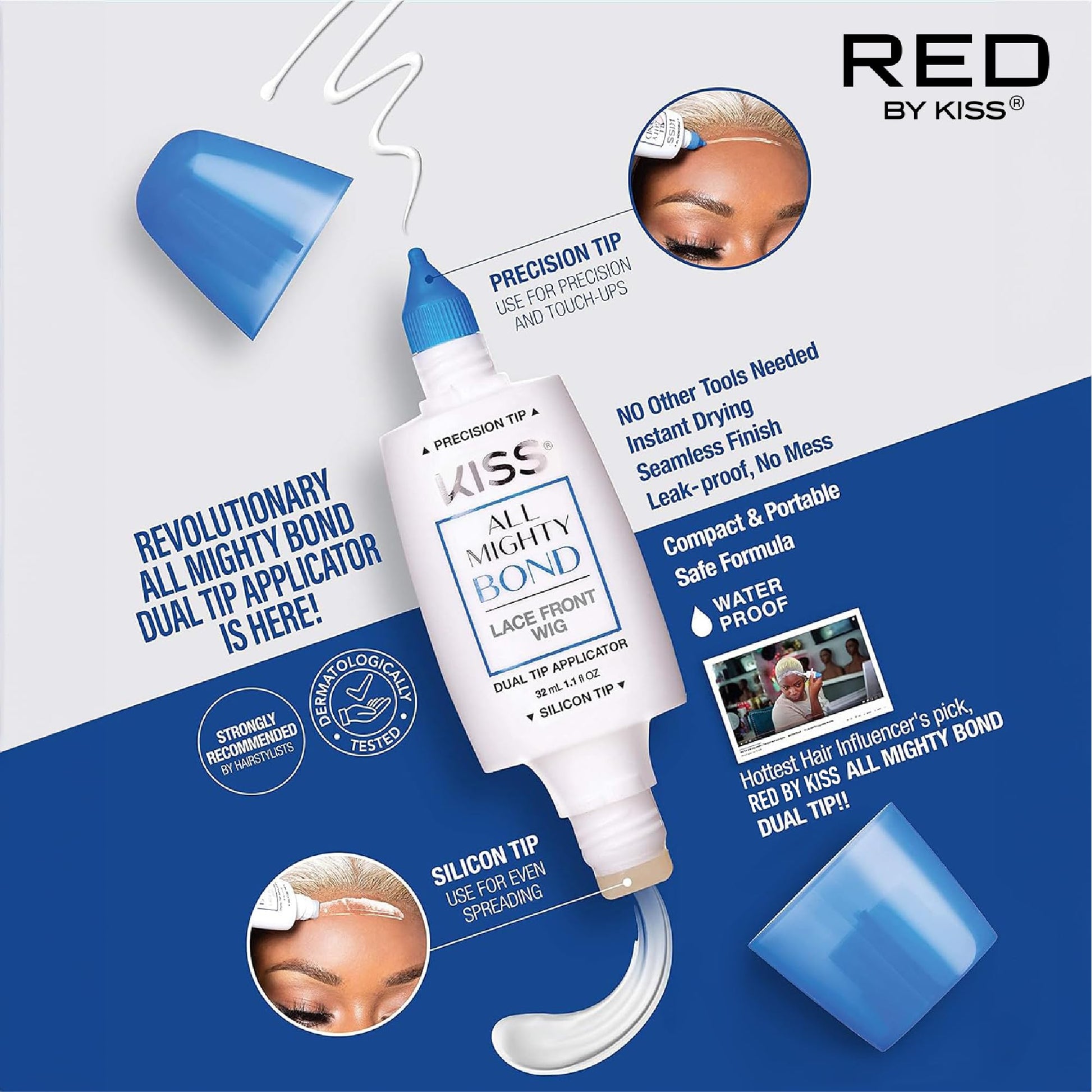 Lavender Red by Kiss All Mighty Bond Lace Front Wig Glue, Dual Tip Applicator, Instant Drying, Water Resistant, Strong Hold for Wigs, Frontals, Toupees, Safe for Sensitive Skin