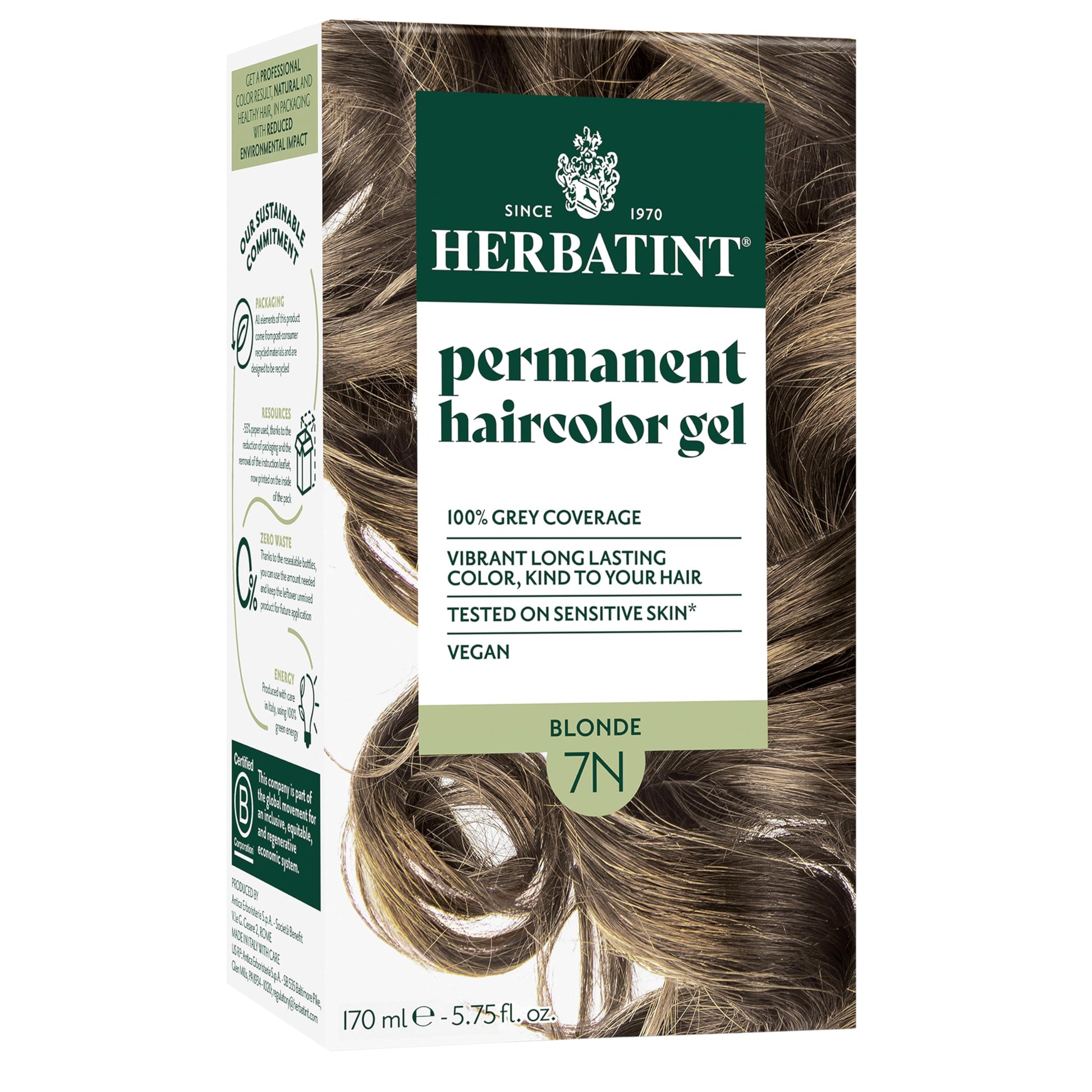 White Smoke Herbatint Permanent Hair Dye For Women - 7N Blonde - For Up To 100% Gray Coverage of Resistant Gray Hair - Ammonia-Free, Alcohol-Free & Vegan - Salon Influenced Hair Color 5.75 fl oz