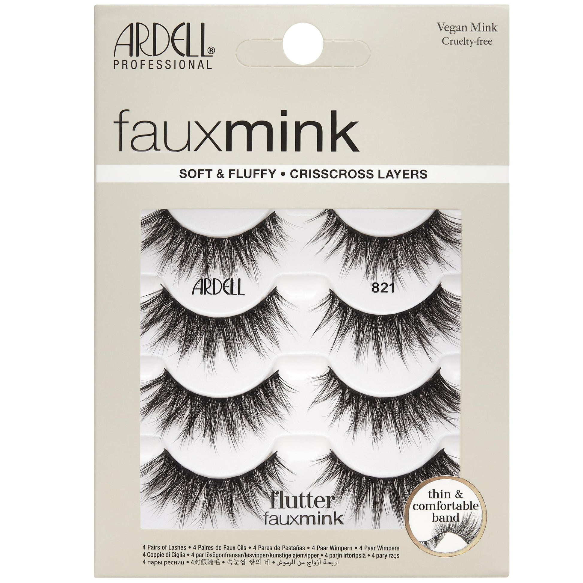 Light Gray Ardell Faux Mink Lashes Flutter 821 – Soft & Fluffy False Eyelashes, Vegan Mink, Crisscross Layered Strip Lashes with Thin Band, 4 Pairs