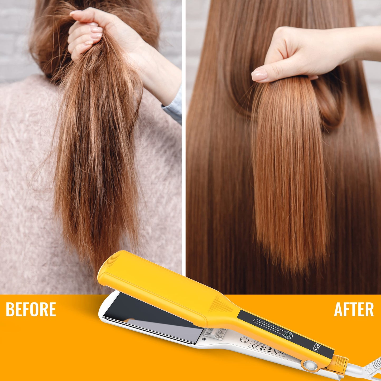 Orange GK HAIR Global Keratin One Control Titanium Styling Flat Iron, 1.5 inches Wide Plates, Auto Shutoff, Professional Straightener, All Hair Types, 150C-232C