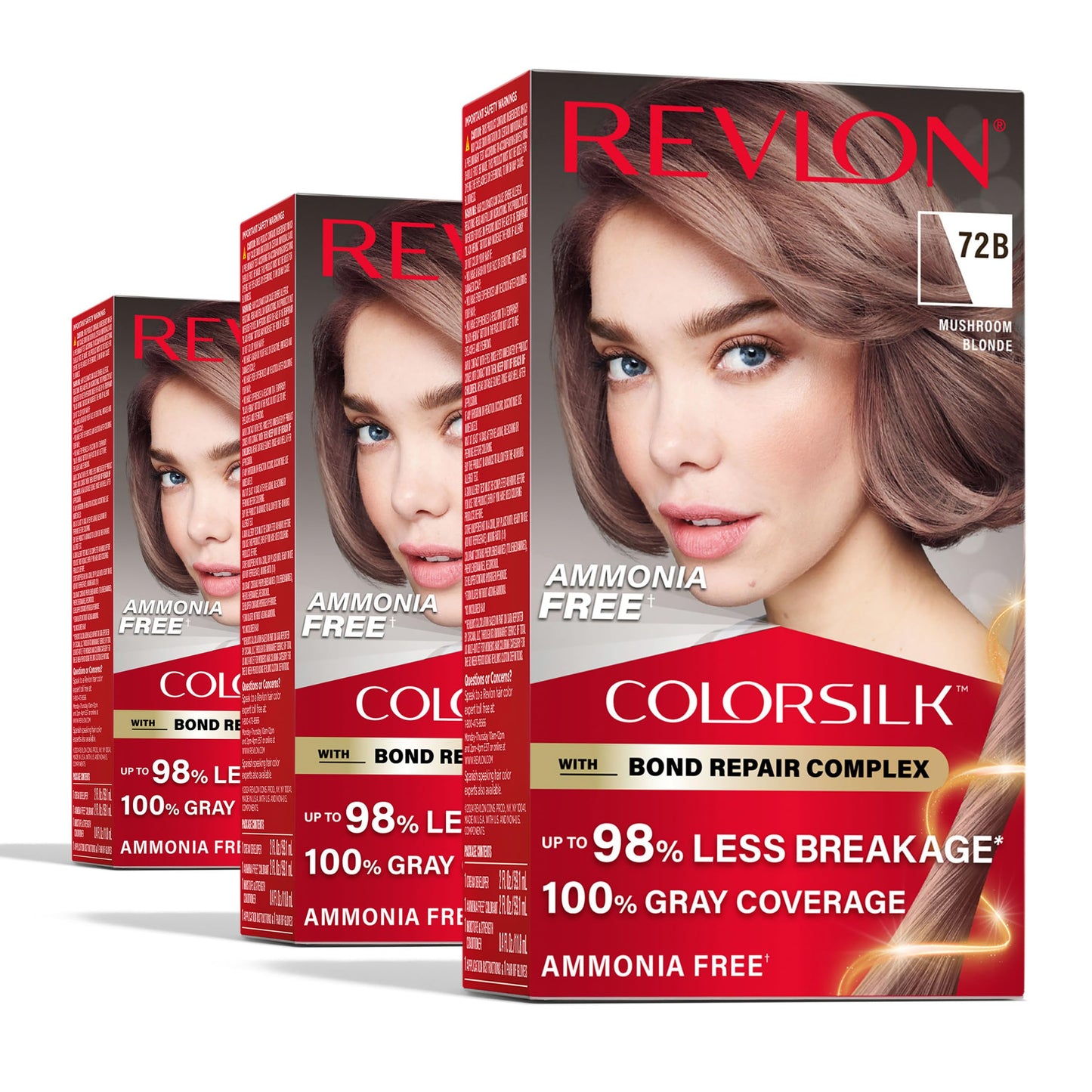 White Smoke Revlon ColorSilk with Bond Repair Complex, Blonde Permanent Hair Color, 100% Gray Coverage, Ammonia Free Hair Dye, Vegan Keratin, 72B Mushroom Blonde (Pack of 3)
