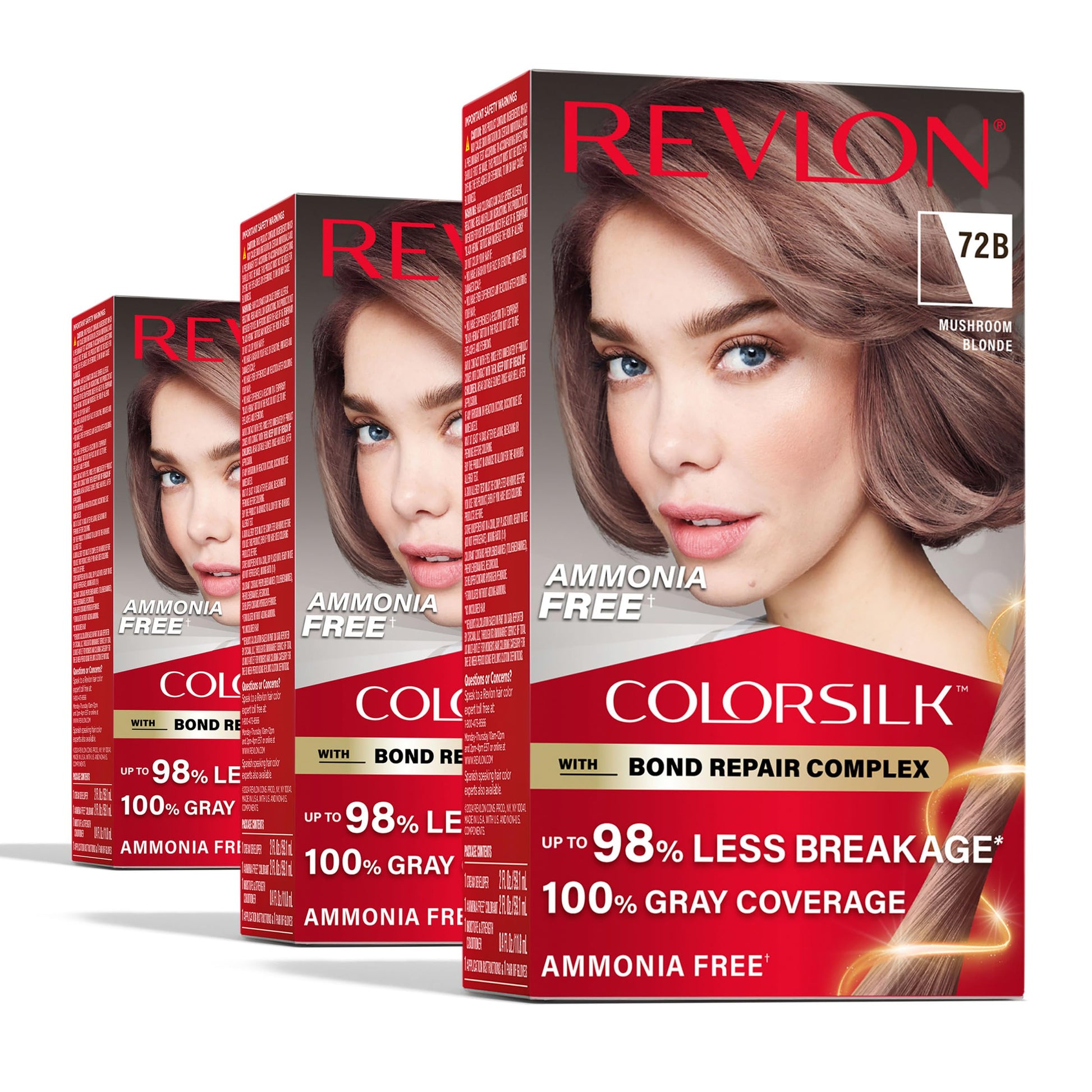 White Smoke Revlon ColorSilk with Bond Repair Complex, Blonde Permanent Hair Color, 100% Gray Coverage, Ammonia Free Hair Dye, Vegan Keratin, 72B Mushroom Blonde (Pack of 3)