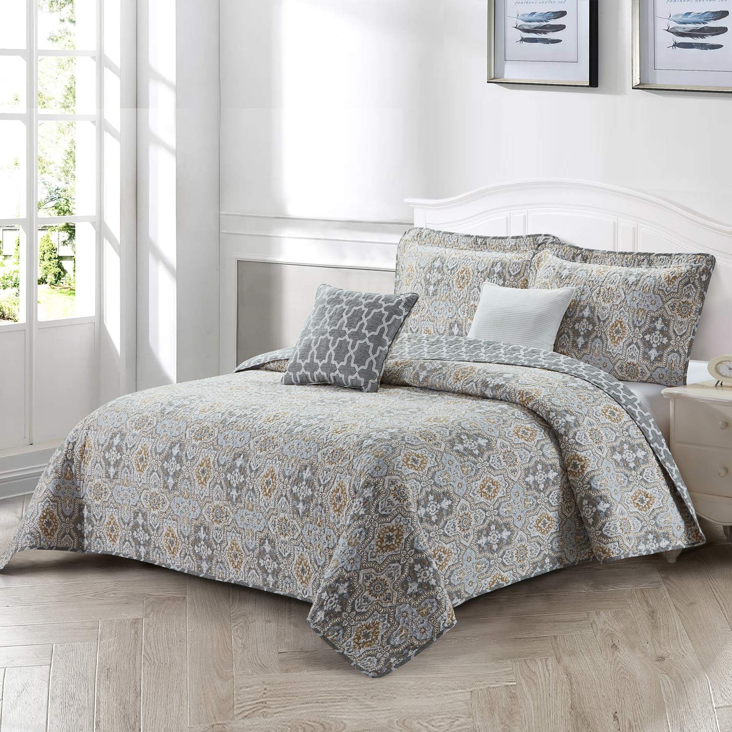 Lavender Home Soft Things Lanza Printed Microfiber Quilt Oversize King 122" x 106" 5 Piece Bedding Set with Matching Shams Pillows, Mustard Gray Blue Floral Design Reversible Bedspread Coverlet
