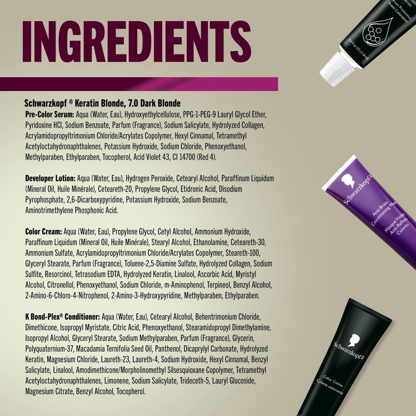 Dark Gray Schwarzkopf Keratin Blonde Hair Dye, 7.0 Dark Blonde, Professional Quality Permanent Hair Color, Bond Enforcing System Helps Prevent Breakage* Pre-Color Serum & Conditioner Included