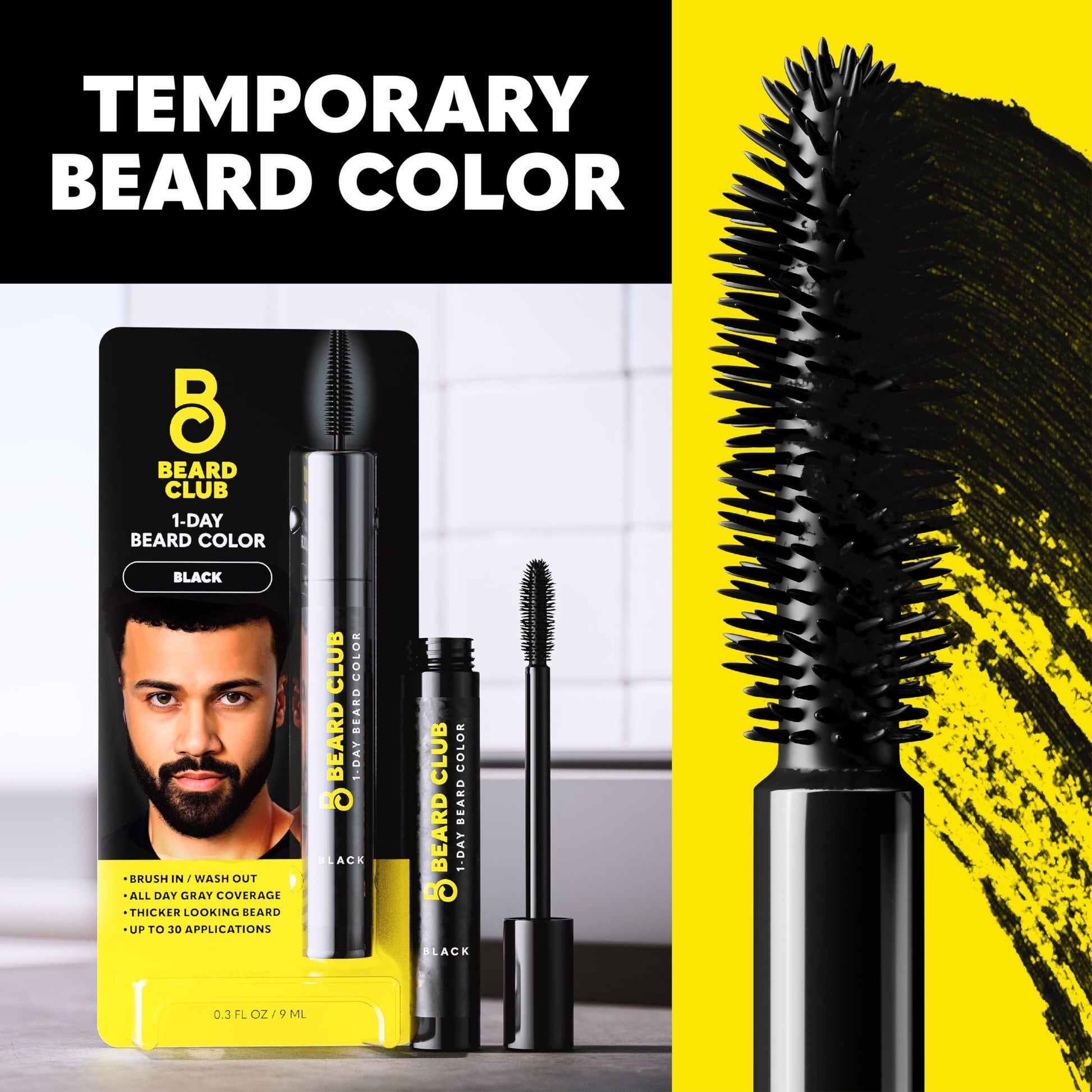 Black The Beard Club 1 Day Temporary Beard Dye for Men - Black Beard, Mustache & Eyebrow Color for a Fuller, Well-Defined Look, Water & Sweat Resistant, Up to 30 Applications, 0.3 fl oz