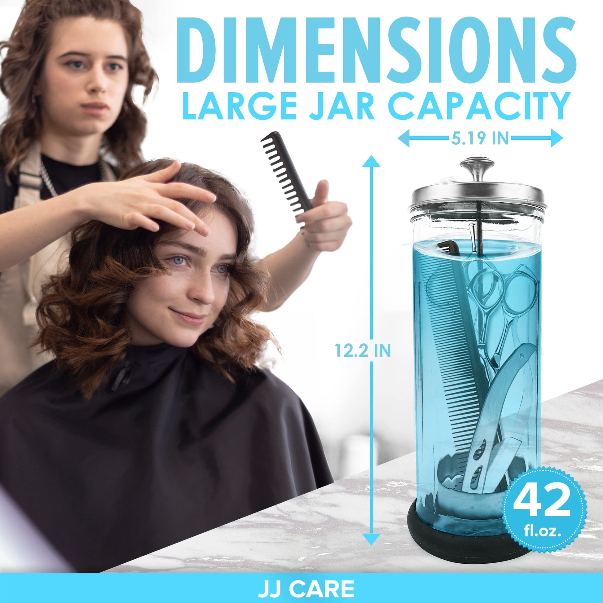 White Smoke JJ CARE Disinfectant Jar (42oz) - Barber Disinfectant Jar Glass, Sanitizer Container w/Stainless Steel Removable Strainer & Cap for Manicure, Salon, Spa and Barber Tools - Silver Lid