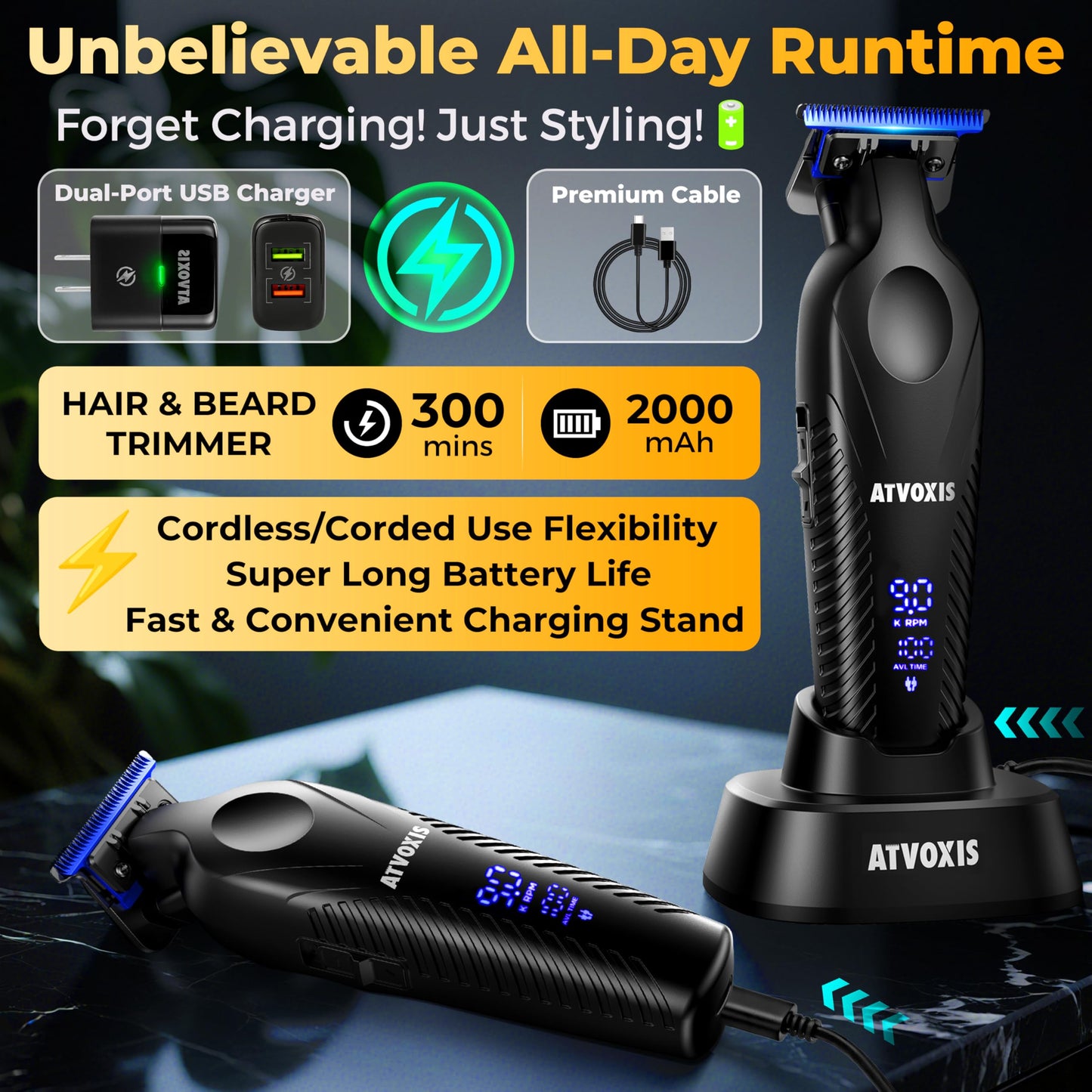 Black ATVOXIS Zero Gap 9,000 RPM Brushless Professional T Blade Trimmer for Men: Cordless Hair/Beard Clipper Edger Liner Outliner with LED Display 300min Runtime Fast Charging Stand Travel Pouch