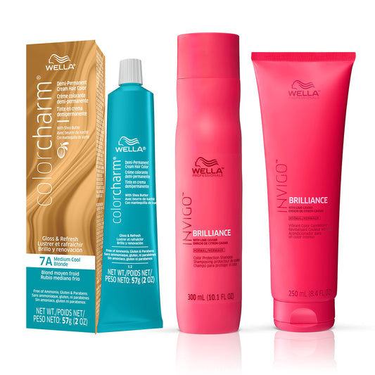 White Smoke Wella Professionals Invigo Brilliance Color Protection Shampoo & Conditioner, For Fine Hair + Wella ColorCharm Demi Permanent Hair Color, 7A Medium Cool Blonde