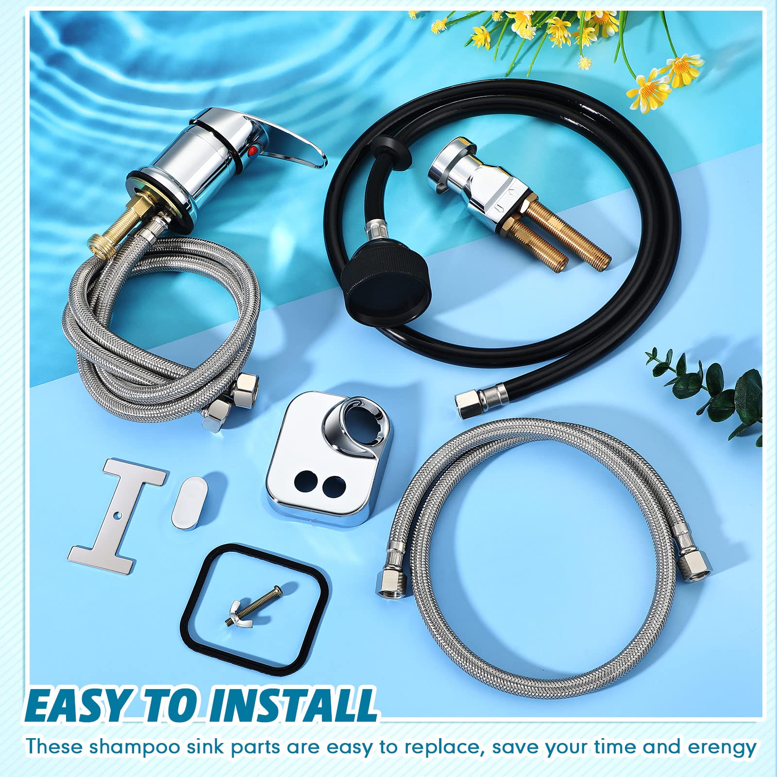 Light Blue Hortsun 8 Pcs Salon Shampoo Bowl Faucet Vacuum Breaker Kit Shampoo Bowl Breaker Vacuum Set Sink Parts Replacement for Home Salon Hair Washing Station, Sink Faucet Sprayer Hose Set