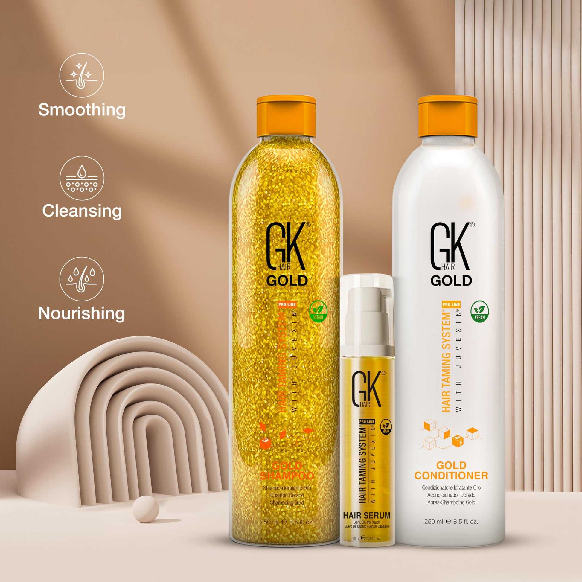 Light Gray GK Hair Gold Shampoo and Conditioner Duo with Free Argan Oil Serum Contains Argan Oil, Shea Butter, Natural Oils for Hairs Moisturizing Shine and Protection