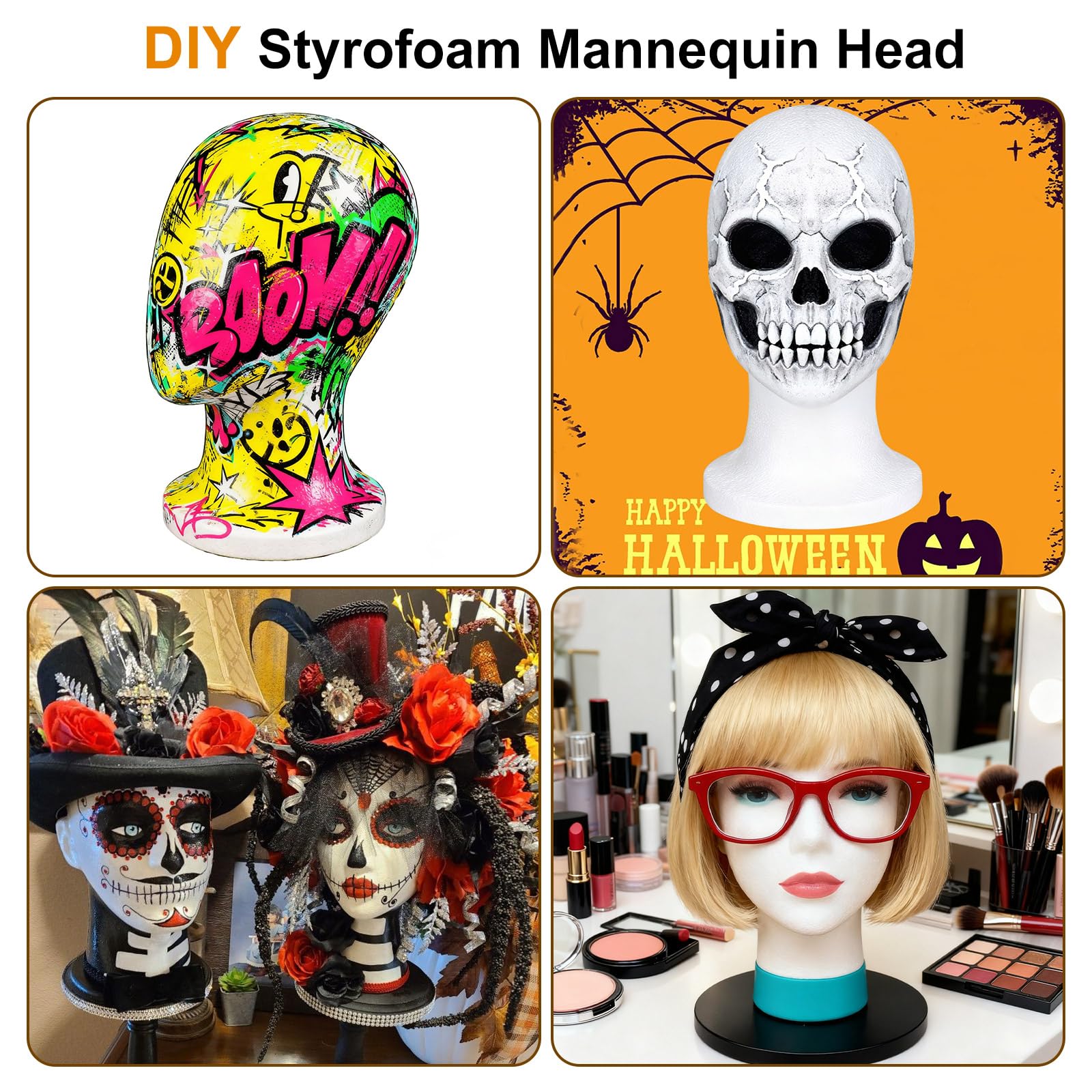 White Smoke COOKOO 3 PCS Faceless Foam Mannequin Head Wigs Holder Styrofoam Wig Head Stand Wigs Foam Heads for Style, Model Hats ,Display Hair, and Hairpieces, Mask ,Home, Salon and Travel (3 Pieces)