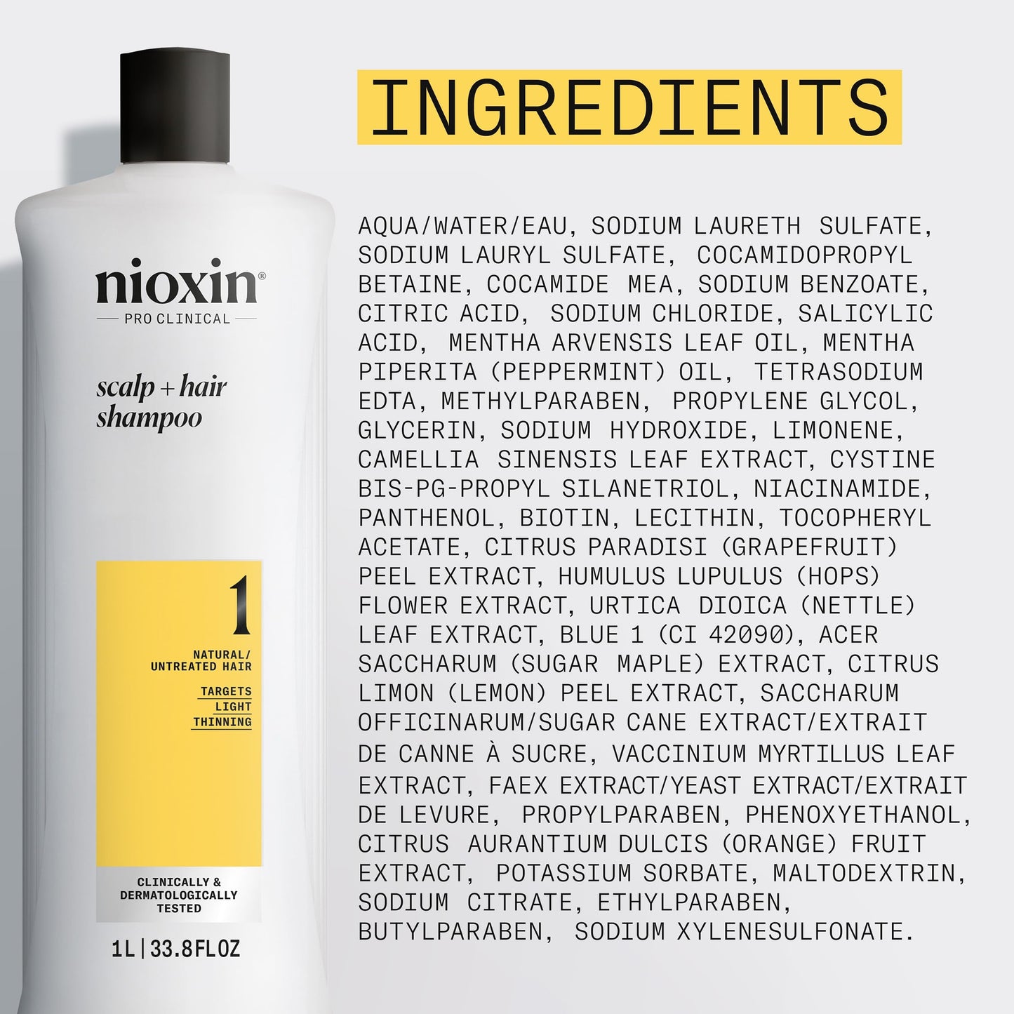 Light Gray Nioxin Scalp + Hair Thickening System 1 Shampoo| For Natural or Untreated Hair with Light Thinning| With Niacinamide and Biotin| 33.8 Fl oz.