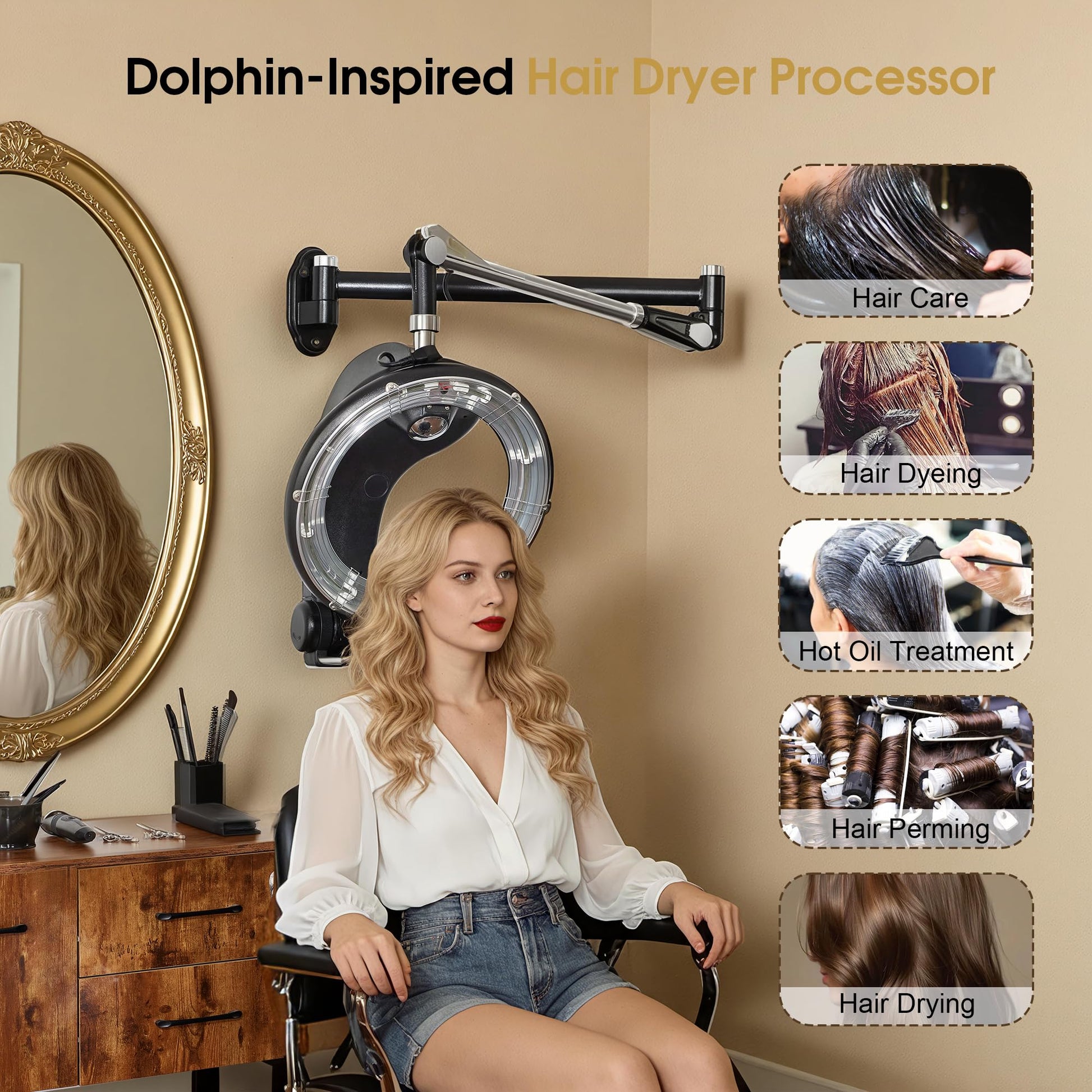 Tan BarberPub Wall Mounted Orbiting Hair Dryer Processor with Smart Control Panel, 950W Salon Hair Care Treatment Machine with Swivel Arm, Space-Saving Barber Equipment HDP05