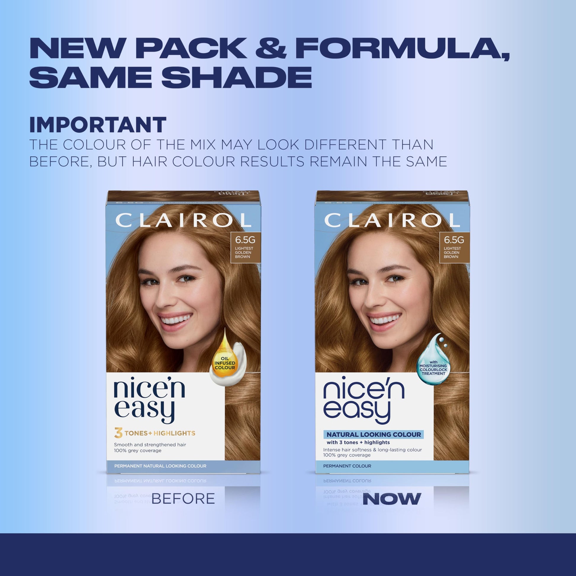 Powder Blue Clairol Nice'n Easy Permanent Hair Dye, 6.5G Lightest Golden Brown Hair Color, Pack of 3 - Packaging May Vary