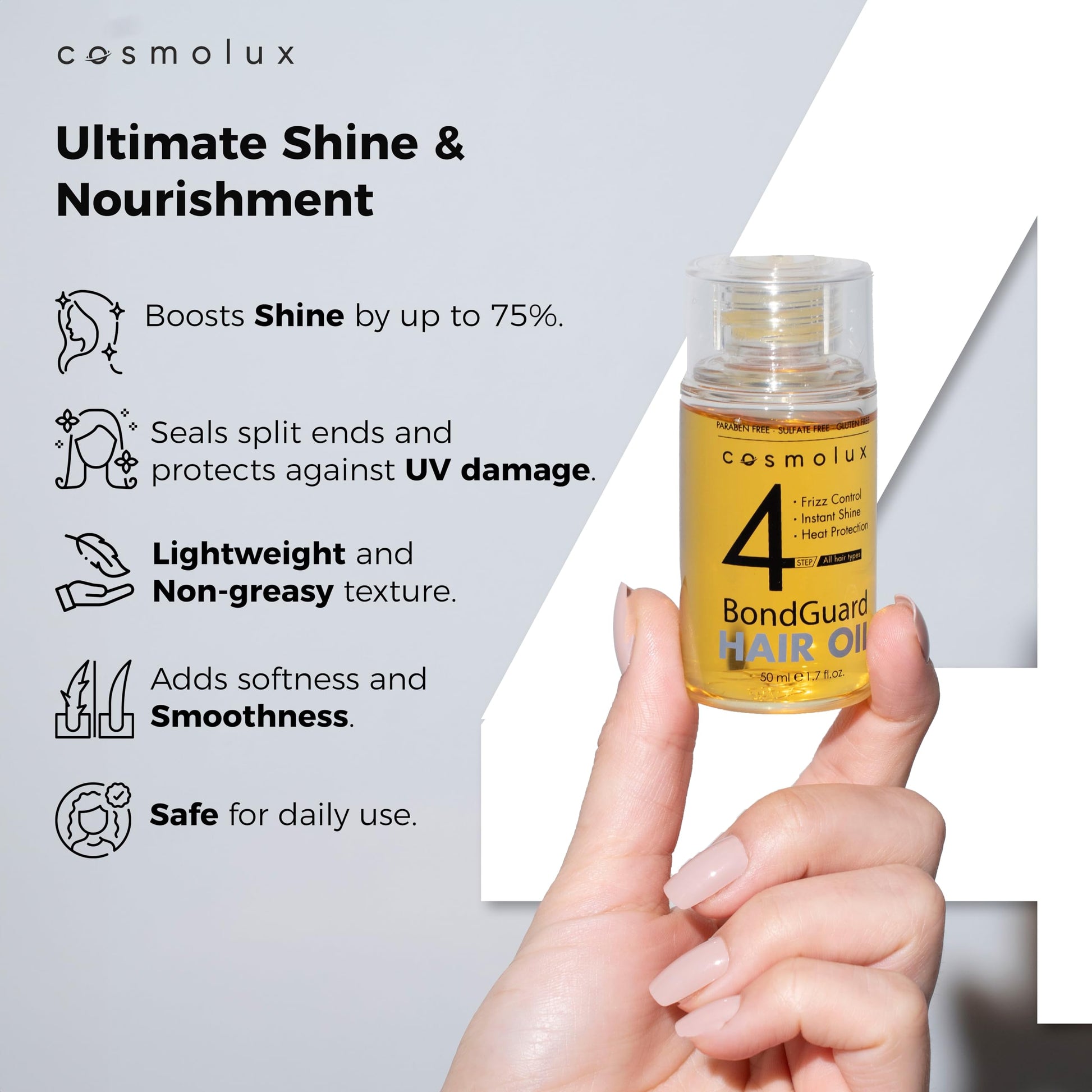Light Gray Cosmolux BondGuard Bonding Oil, Heat Protectant & Repair Oil for Damaged, Color-Treated & Frizzy Hair, Adds Shine & Tames Frizz, Lightweight & Vegan - 1.7 fl oz (50 mL)