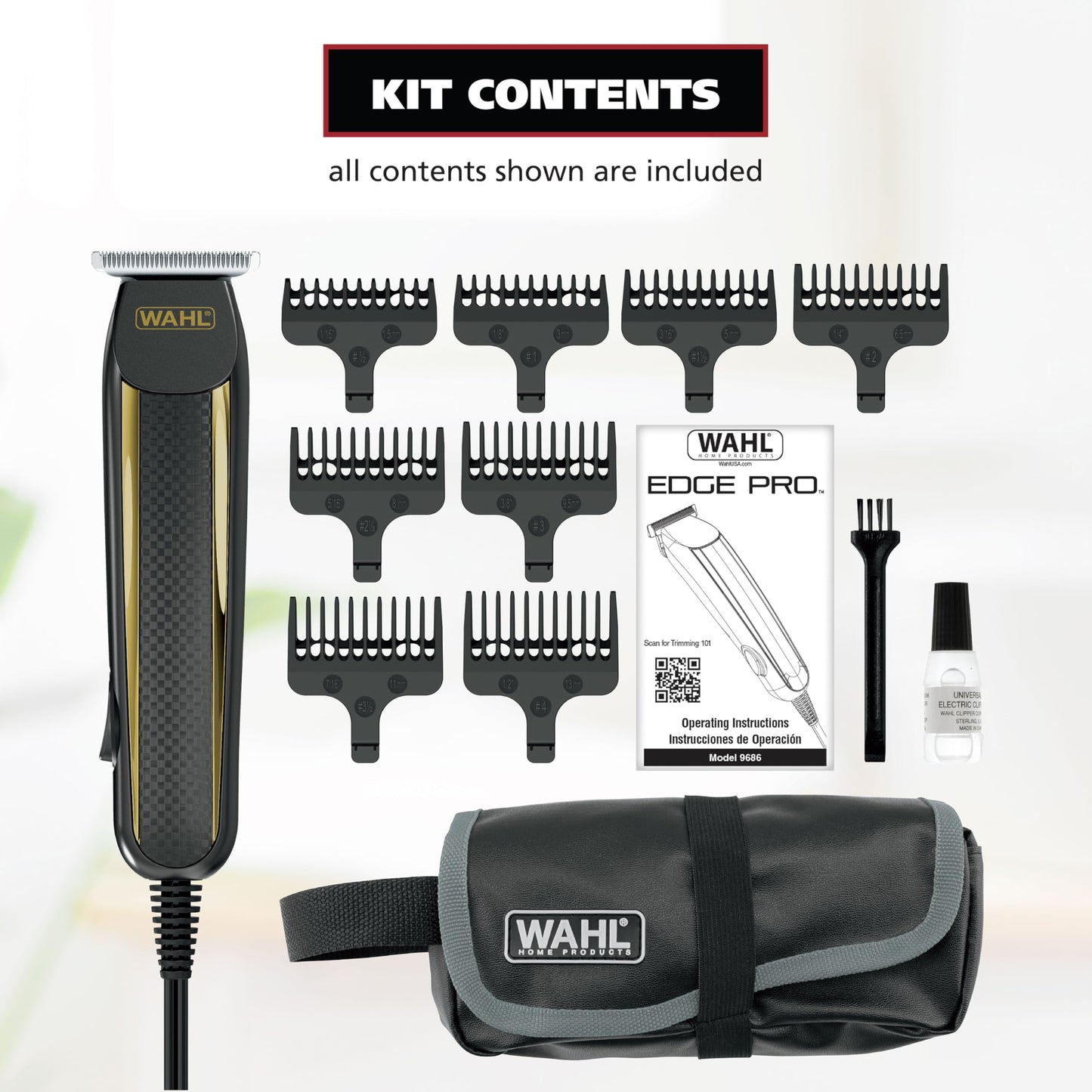 White Smoke Wahl Edge Pro Bump Free Corded Beard Trimmer for Men Touch Up Trimmer & Grooming Detailer Kit – Perfect for Edging Beards, Mustaches, Hair, & Stubble, – Model 9686-300