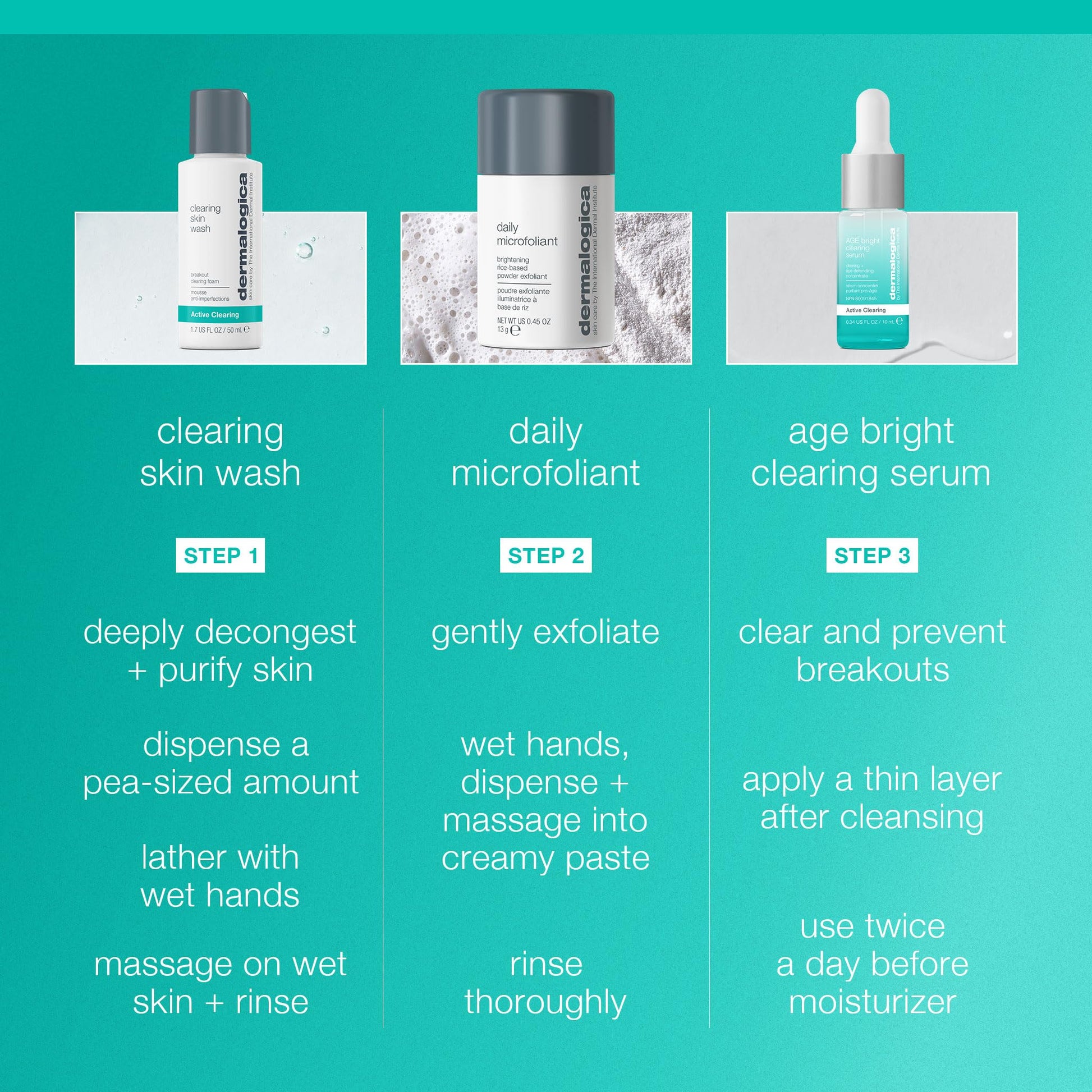 Light Sea Green Dermalogica Clear and Brighten Kit, 3 Step Facial Skincare Set - Includes Face Cleanser, Exfoliator, and Serum