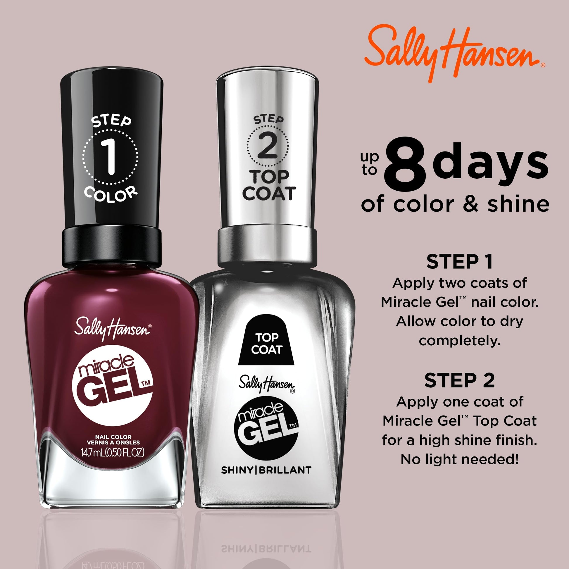 Gray Sally Hansen Miracle Gel Salon Quality Nail Polish | Gel-Like Formula, Two-Step System, No UV Light Needed, Long Lasting | Opaque, Glossy | 479 Wine Stock | Wine Red Nail Color