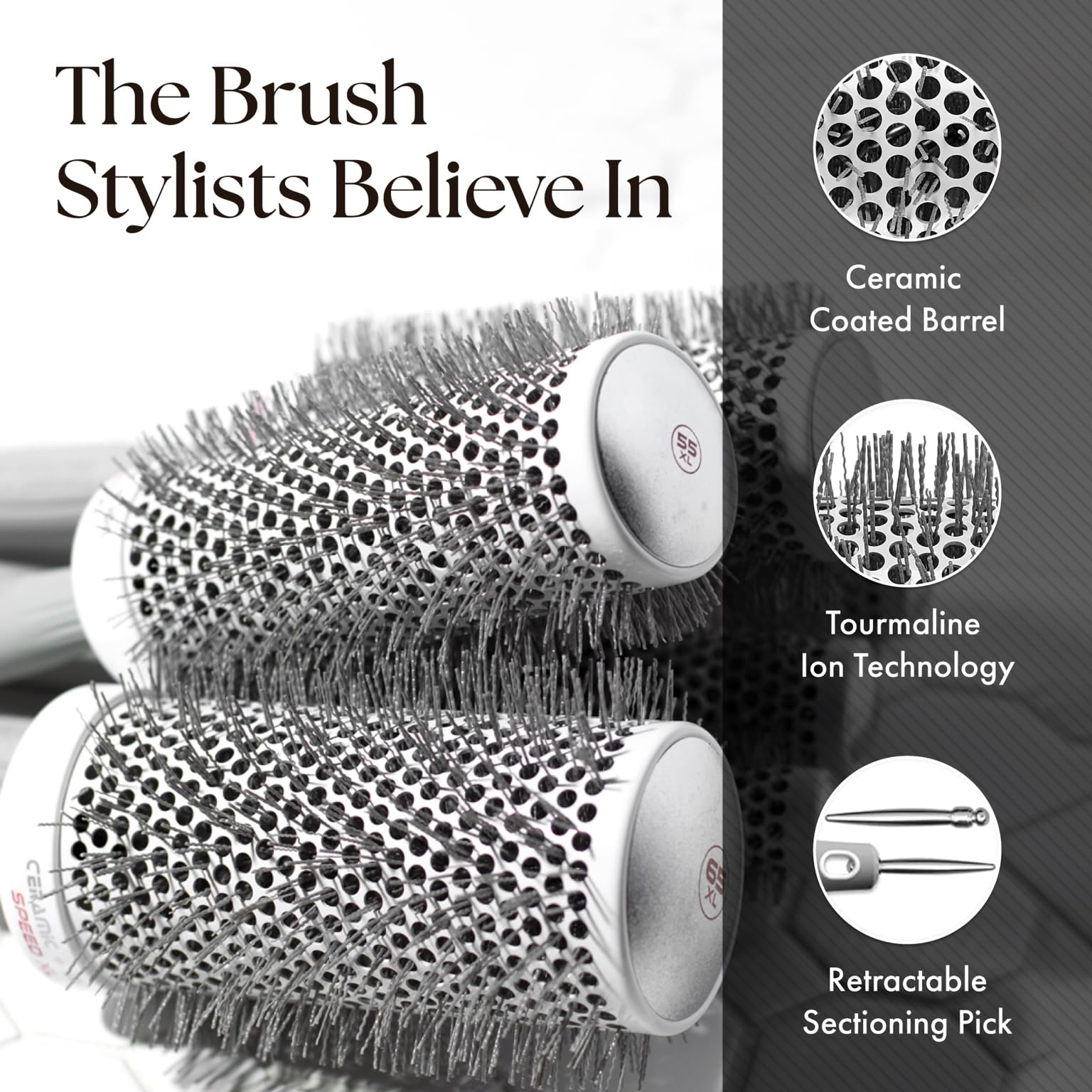 White Smoke Olivia Garden Ceramic + Ion Speed XL - Extra-Long Round Thermal Hair Brush - Not Electrical - Professional Blowout Brush for Normal to Thick Hair - 1 3/8"- Diameter Barrel - CIXL-35