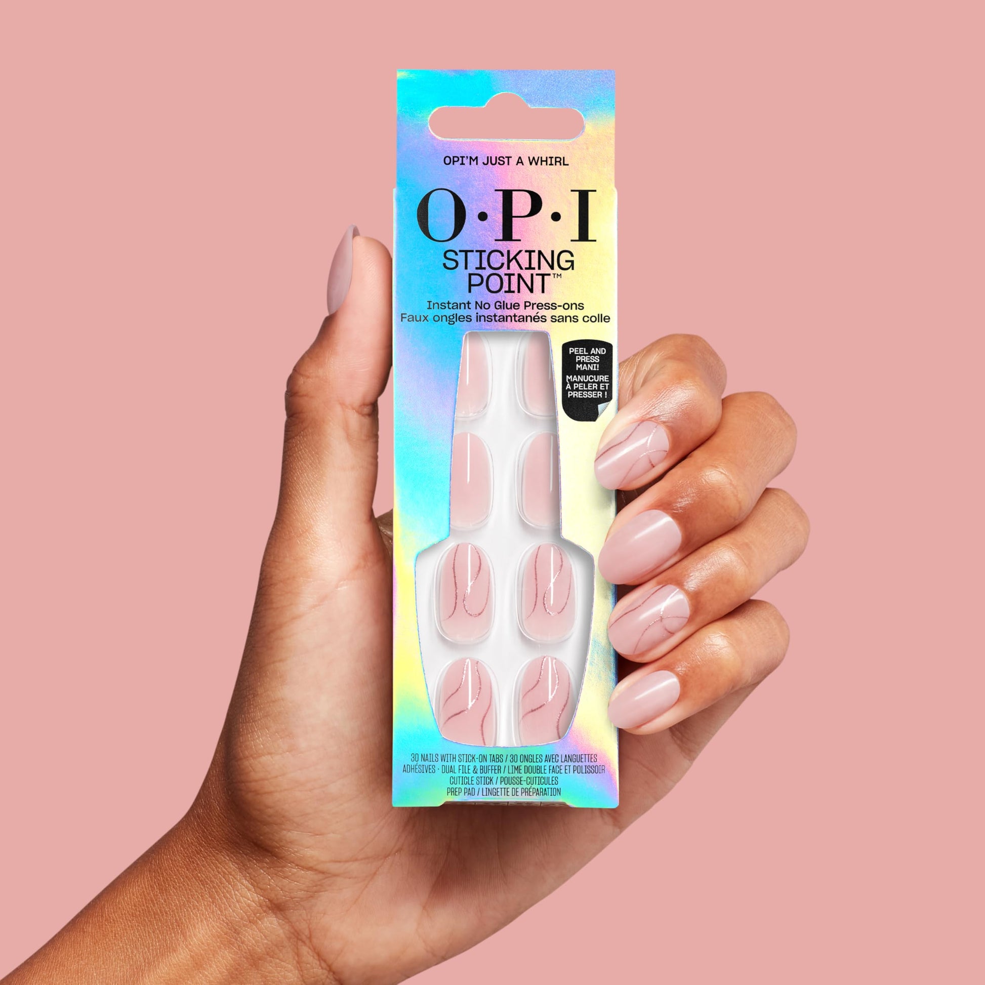 Light Pink OPI Sticking Point OPI’m Just a Whirl |Short Round Semi-Sheer Warm Pink with Gold Glitter Swirls Nail Art Instant No Glue Press On Nails | 30 Count with Adhesive Tabs | Damage-Free Wear | Spring 2026