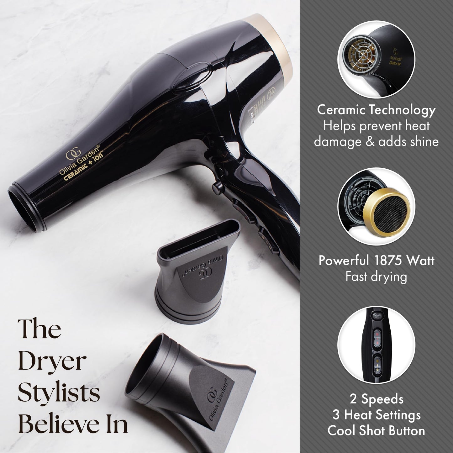 Lavender Olivia Garden 1875W Ceramic + Ion Professional Hair Dryer for Men and Women - Fast Drying Blow Dryer - Powerful Ionic Generator - 3 Heat Settings - with 2 Nozzles and Storage Bag - (Black/Gold)