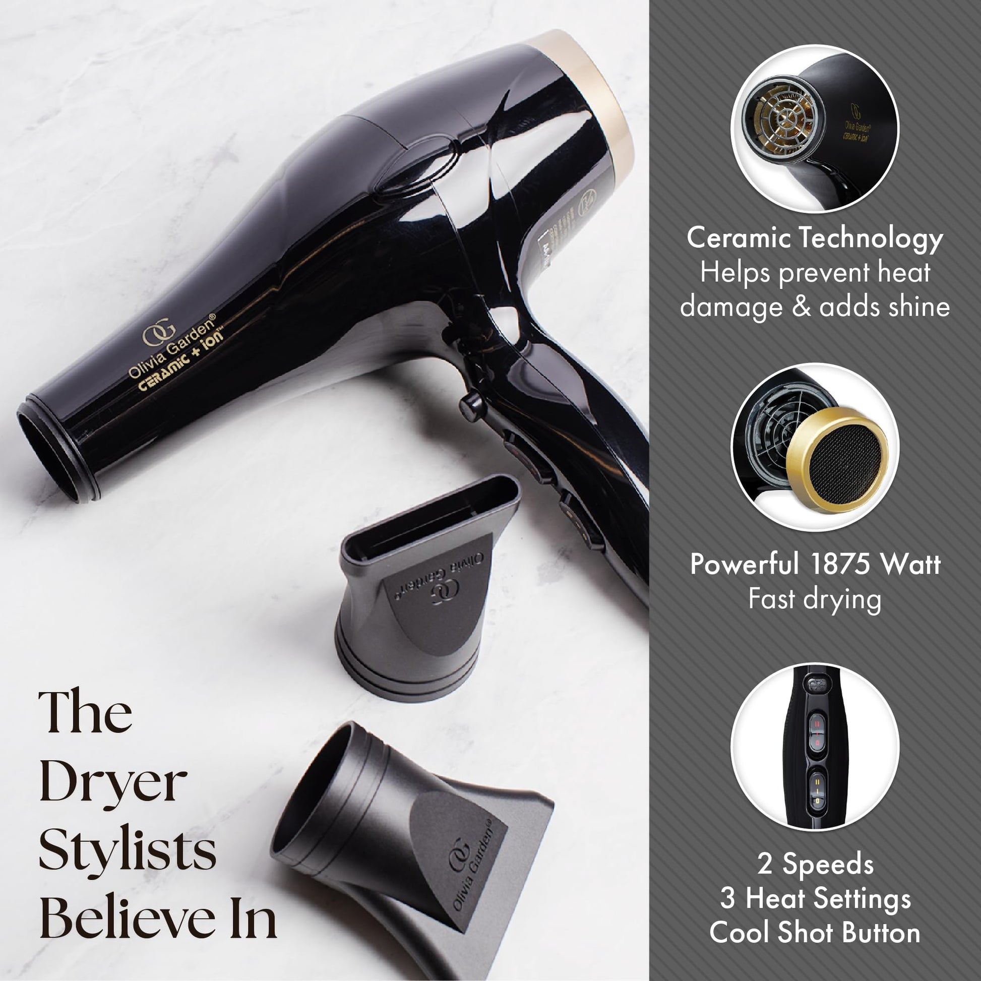 Lavender Olivia Garden 1875W Ceramic + Ion Professional Hair Dryer for Men and Women - Fast Drying Blow Dryer - Powerful Ionic Generator - 3 Heat Settings - with 2 Nozzles and Storage Bag - (Black/Gold)