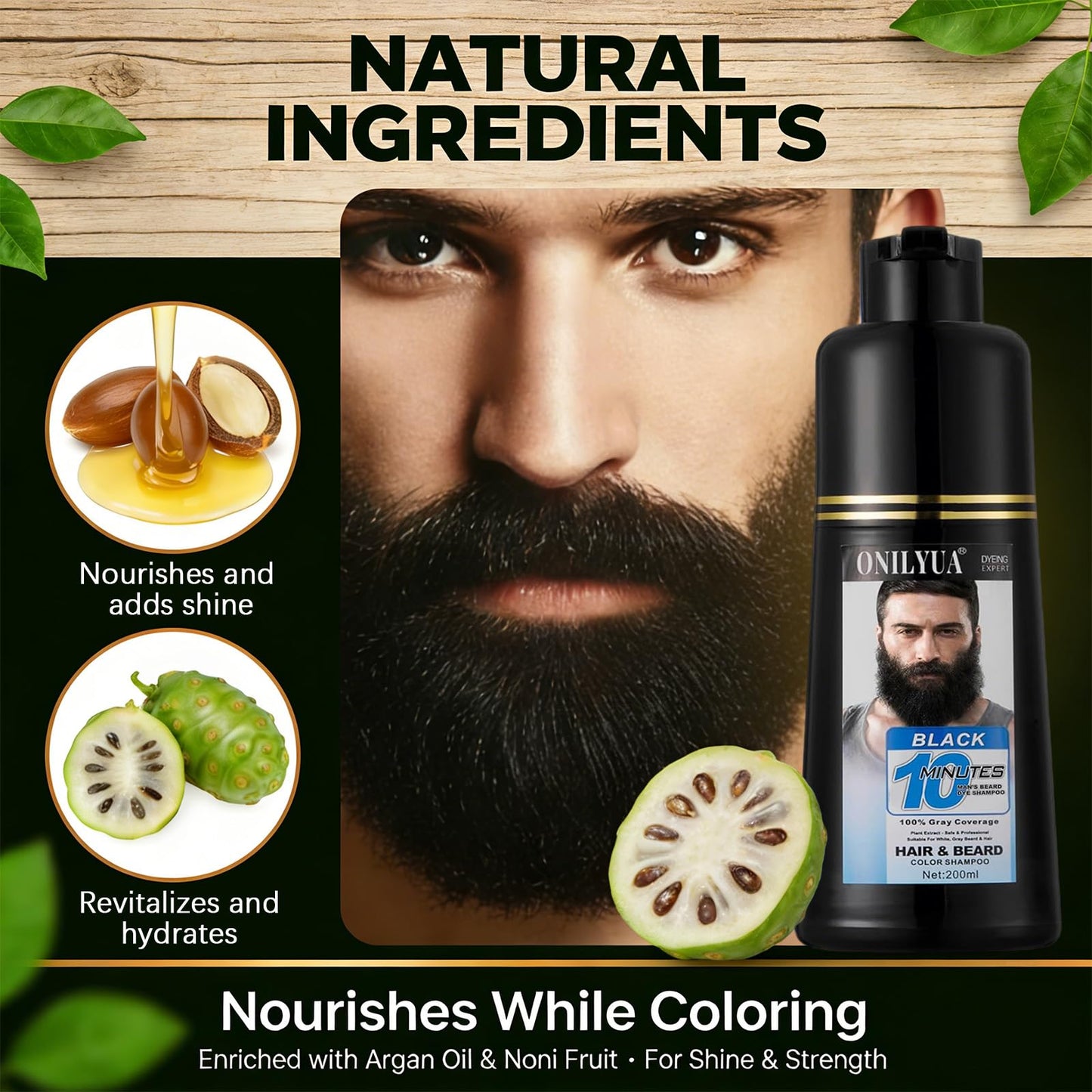 Black Beard Dye For Men, 10-Minute Instant Gray Coverage, 3 in 1 Black Mens Beard & Mustache Dye Shampoo with 4-6 Weeks Lasting Color, Nourishing with Argan Oil & Noni Fruit, No-Mess Application 6.76 Fl Oz
