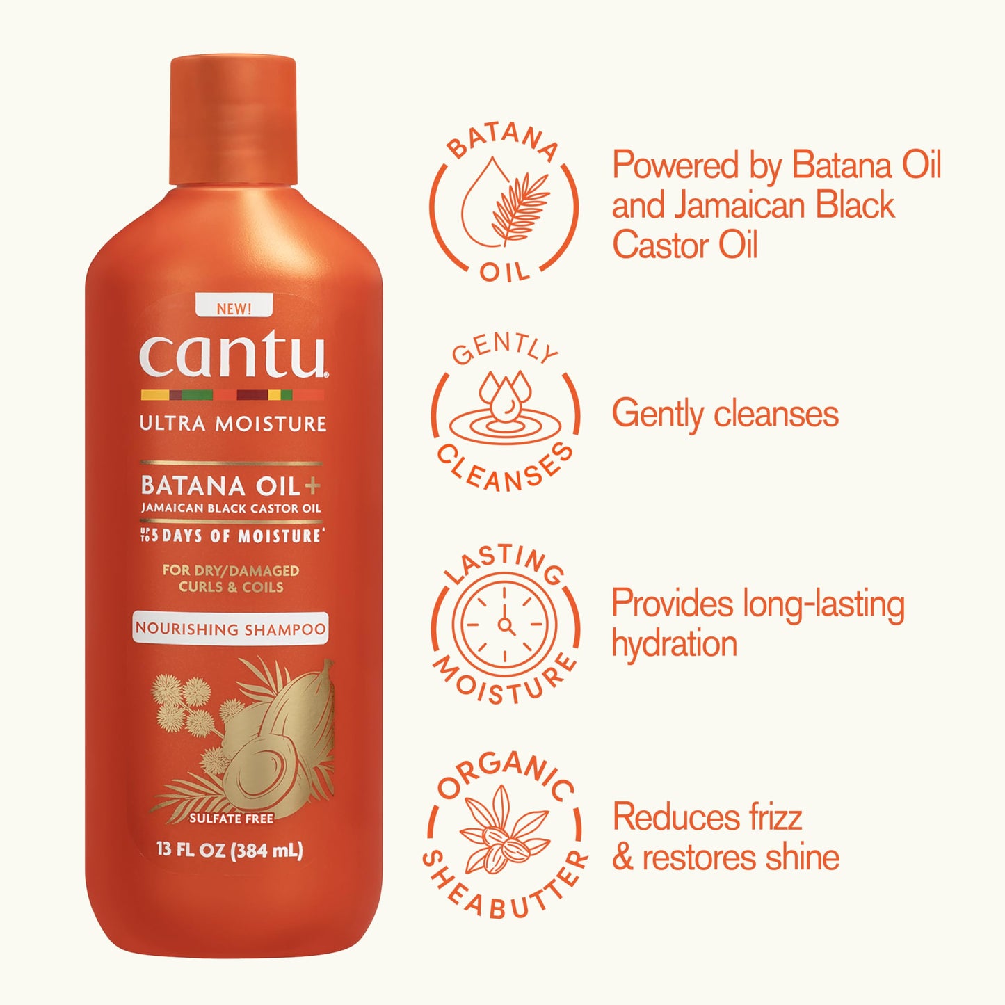 Seashell Cantu Ultra Moisture Nourishing Shampoo with Batana Oil + Jamaican Black Castor Oil, 13 fl oz