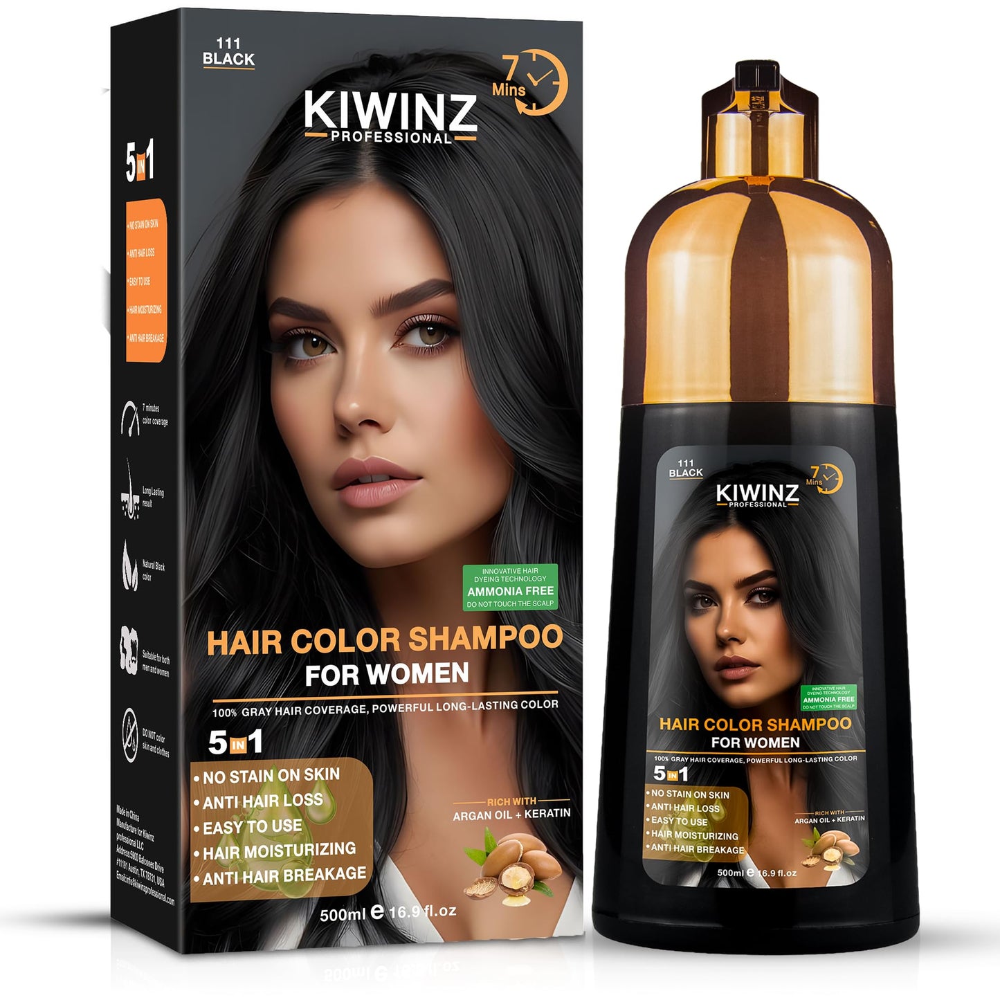 White Smoke Kiwinz Professional Hair Color Shampoo – 5 in 1 Hair Dye Shampoo for Grey Hair - Instant Hair Dye with 100% Color Accuracy Enriched with Natural Ingredients - Ammonia Free - 500ml (Black)