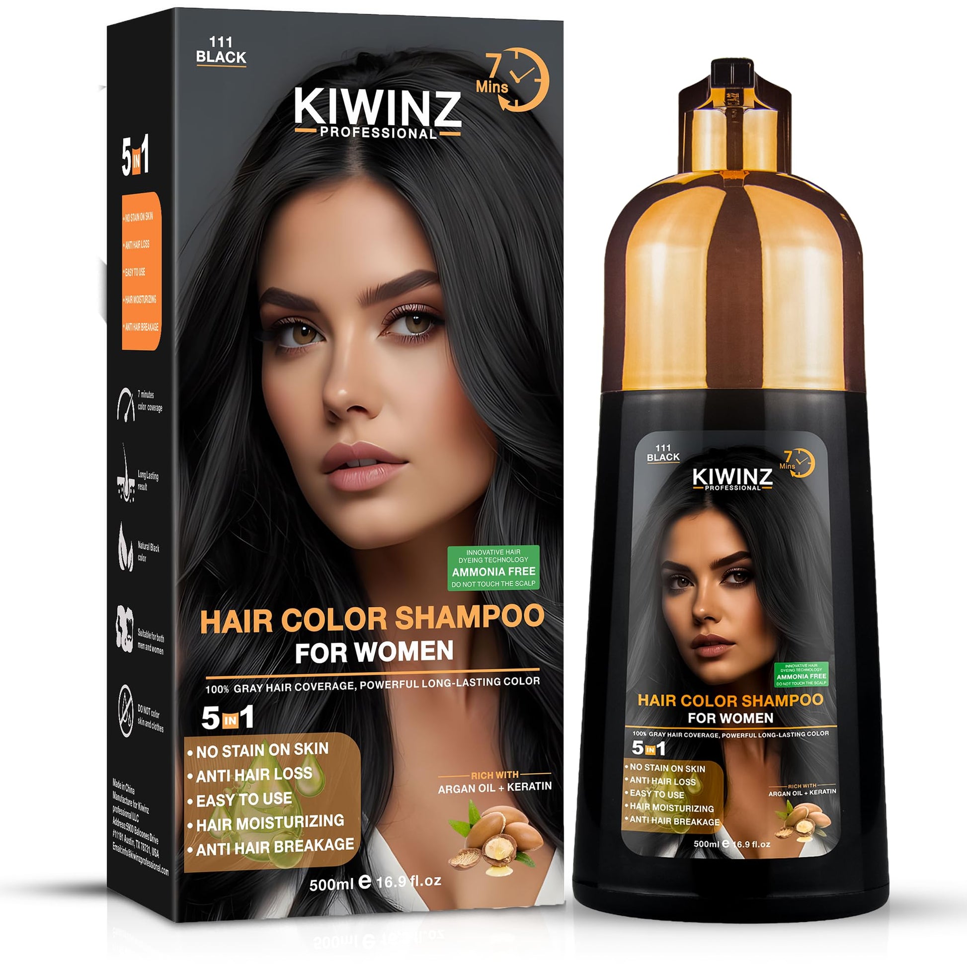 White Smoke Kiwinz Professional Hair Color Shampoo – 5 in 1 Hair Dye Shampoo for Grey Hair - Instant Hair Dye with 100% Color Accuracy Enriched with Natural Ingredients - Ammonia Free - 500ml (Black)