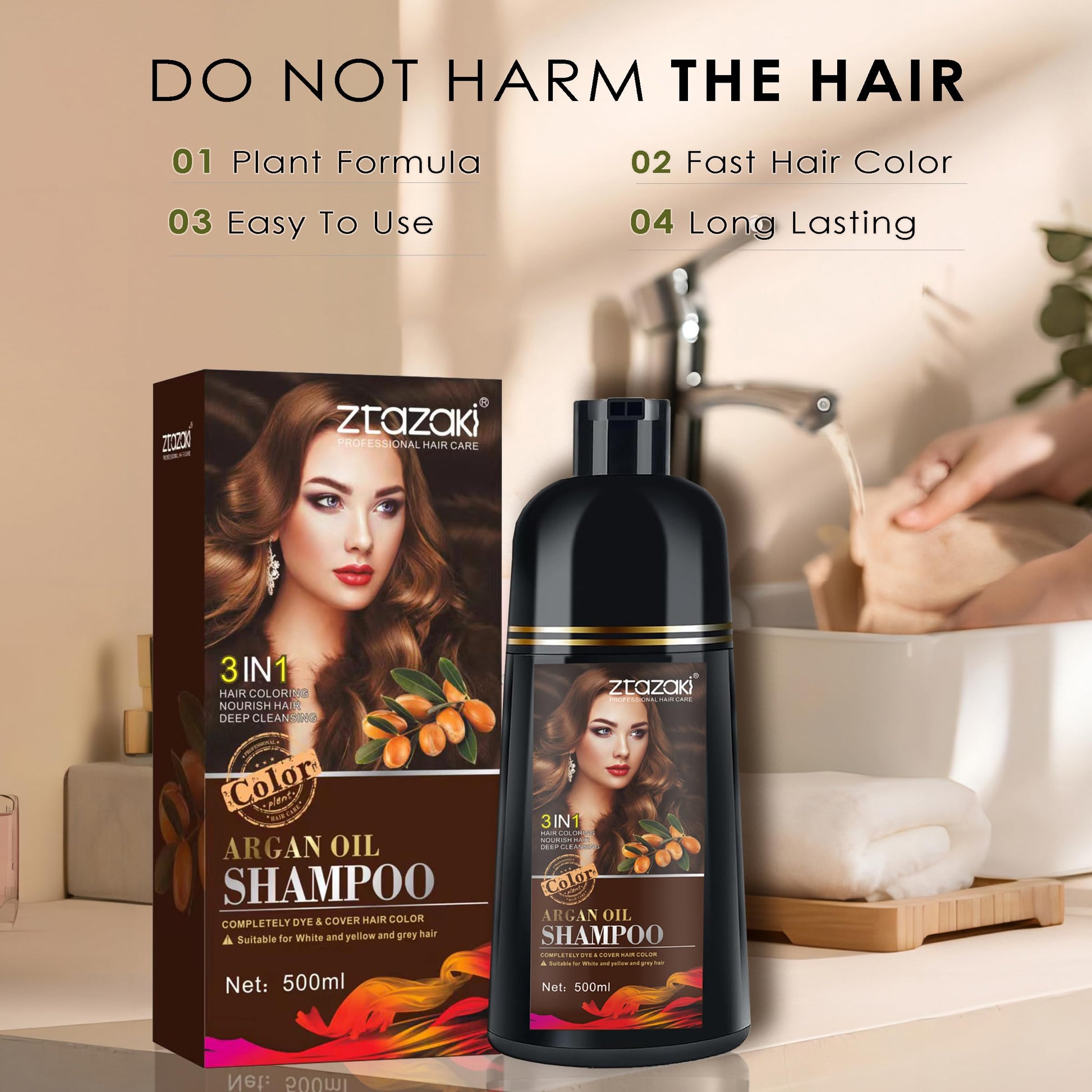 Tan Callmynm Black Hair Dye Shampoo 3-In-1, Instant Gray Hair Coverage in Minutes-Long Lasting Argan Oil Herbal Hair Color Shampoo champu con tinte para canas 500ml