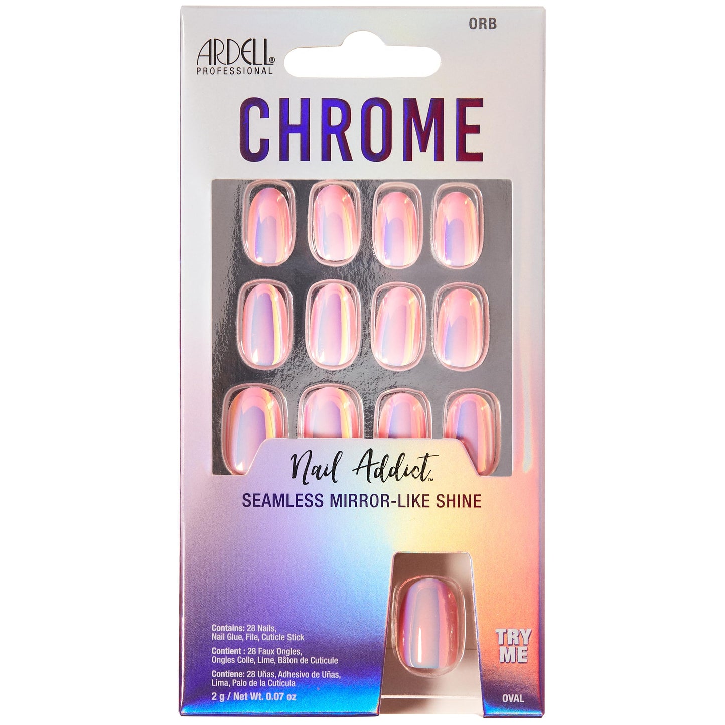 Light Gray Ardell Nail Addict Chrome Press on Nails - Orb, Short Round Shape, All-in-One, Nail Kit, 1-Pack
