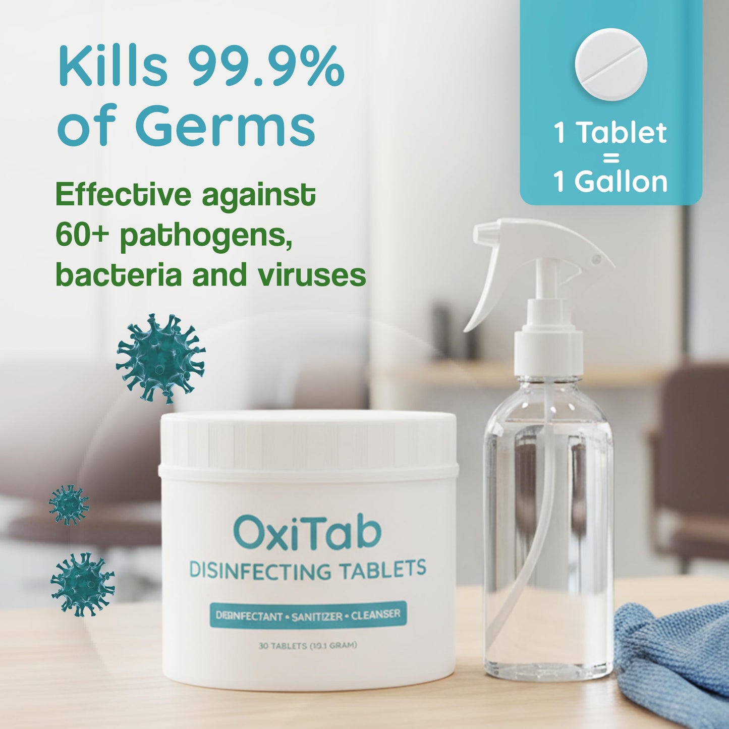 Lavender OxiTab Hospital-Grade HOCL Effervescent Disinfectant Tablets – EPA Registered – Kills 99.9% of Germs, Bacteria & Viruses – Perfect for Healthcare, Salon & Home Use (30 Tabs, 13.1g)