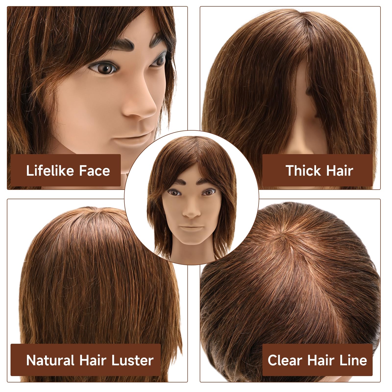 Dark Slate Gray Barber Mannequin Head Male, Mannequin Head Human Hair for Practicing Haircut, Cosmetology Mannequin Head with 100% Human Hair