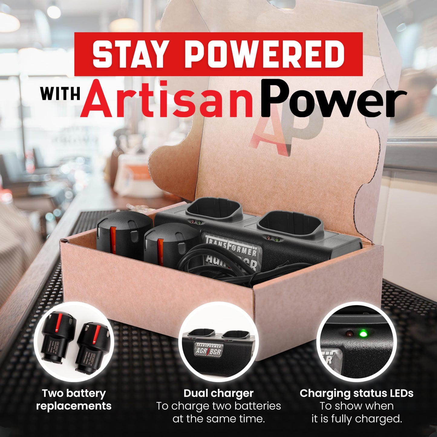 Black Artisan Power Double Charger and Two Replacement Batteries | Best for Andis PowerGroom AGR+ and BGR+ Series Clippers | NiMH Rechargeable Battery Pack | 2100 mAh - 27% Higher Than the OEM Batteries