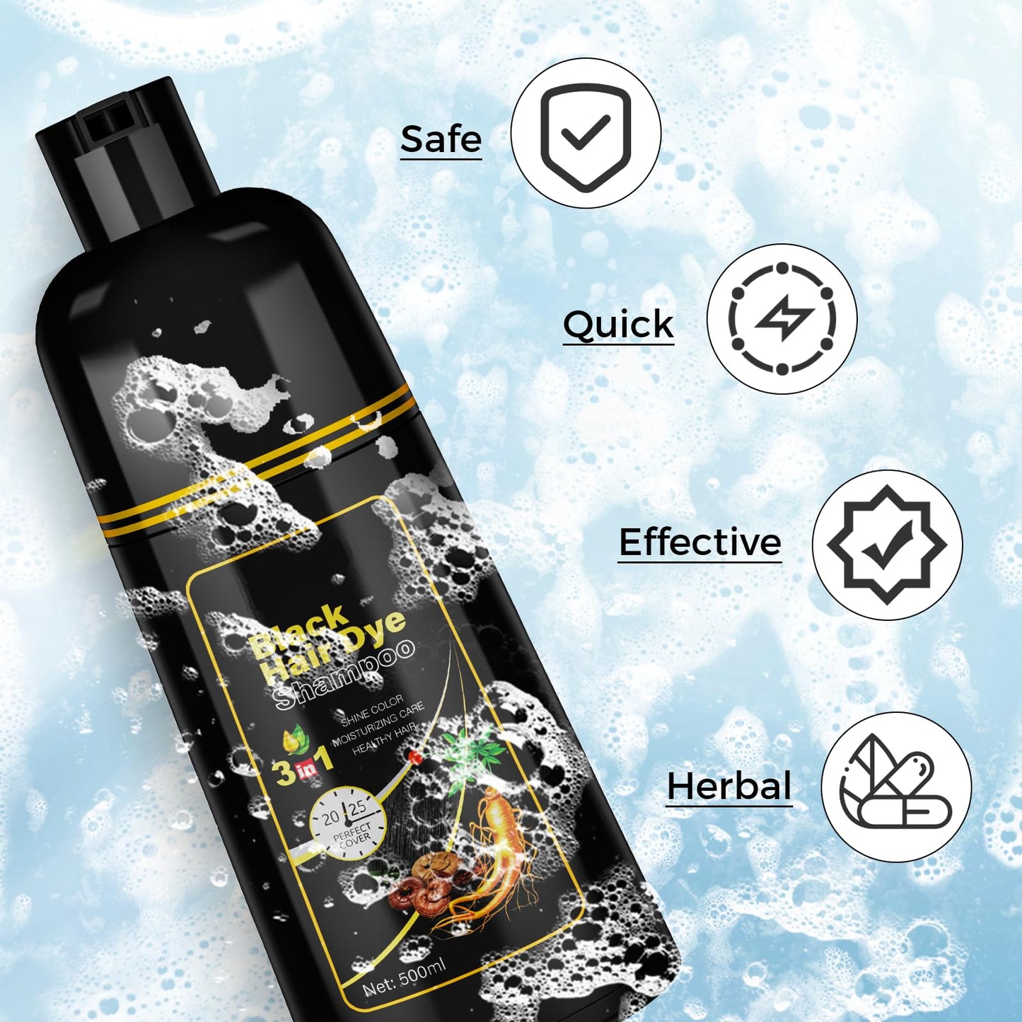 Alice Blue JUANCHI Black Hair Dye Shampoo 3 in1, Black Shampoo Hair Dye for Gray Coverage, Natural Hair Color for Women Men, Herbal Formula, Ammonia-free, Lasts 30 Days, 500ml (16.90 oz)
