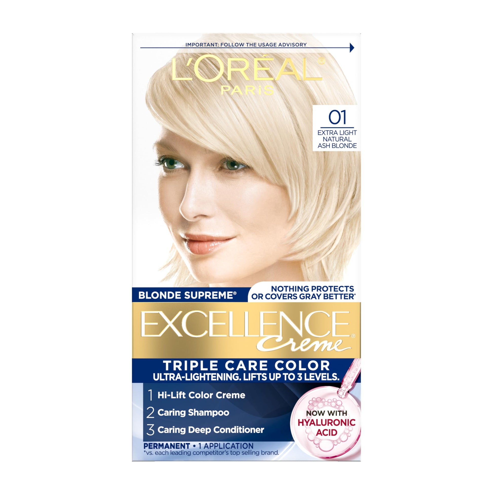 White Smoke L'Oreal Paris Excellence Crème Permanent Hair Dye, Triple Care Hair Color with Hyaluronic Acid for 100% Gray Coverage, 01 Extra Light Natural Ash Blonde, 1 Kit (Packaging May Vary)