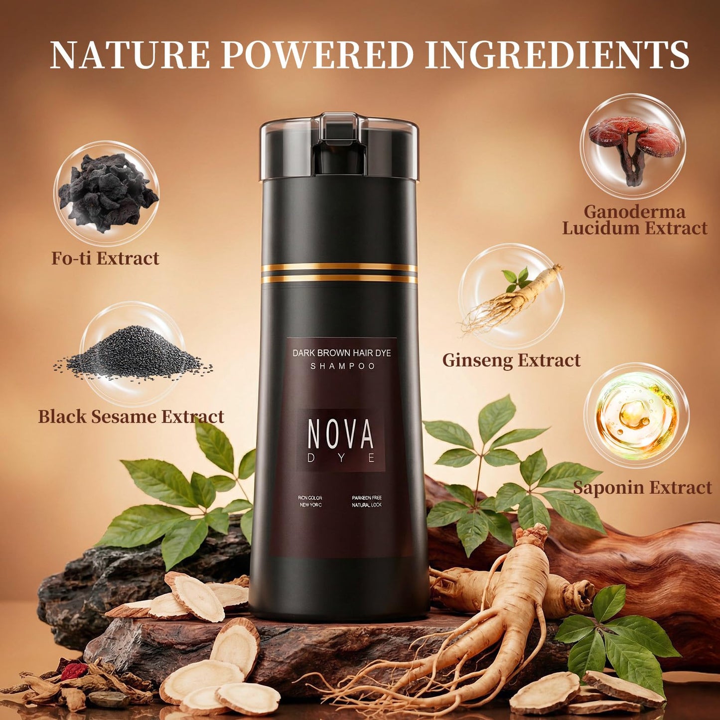 Tan NOVA DYE Hair Dye Shampoo 3 in 1, Natural Dye Shampoo for Men & Women for Grey Hairs Coverage (Dark Brown)