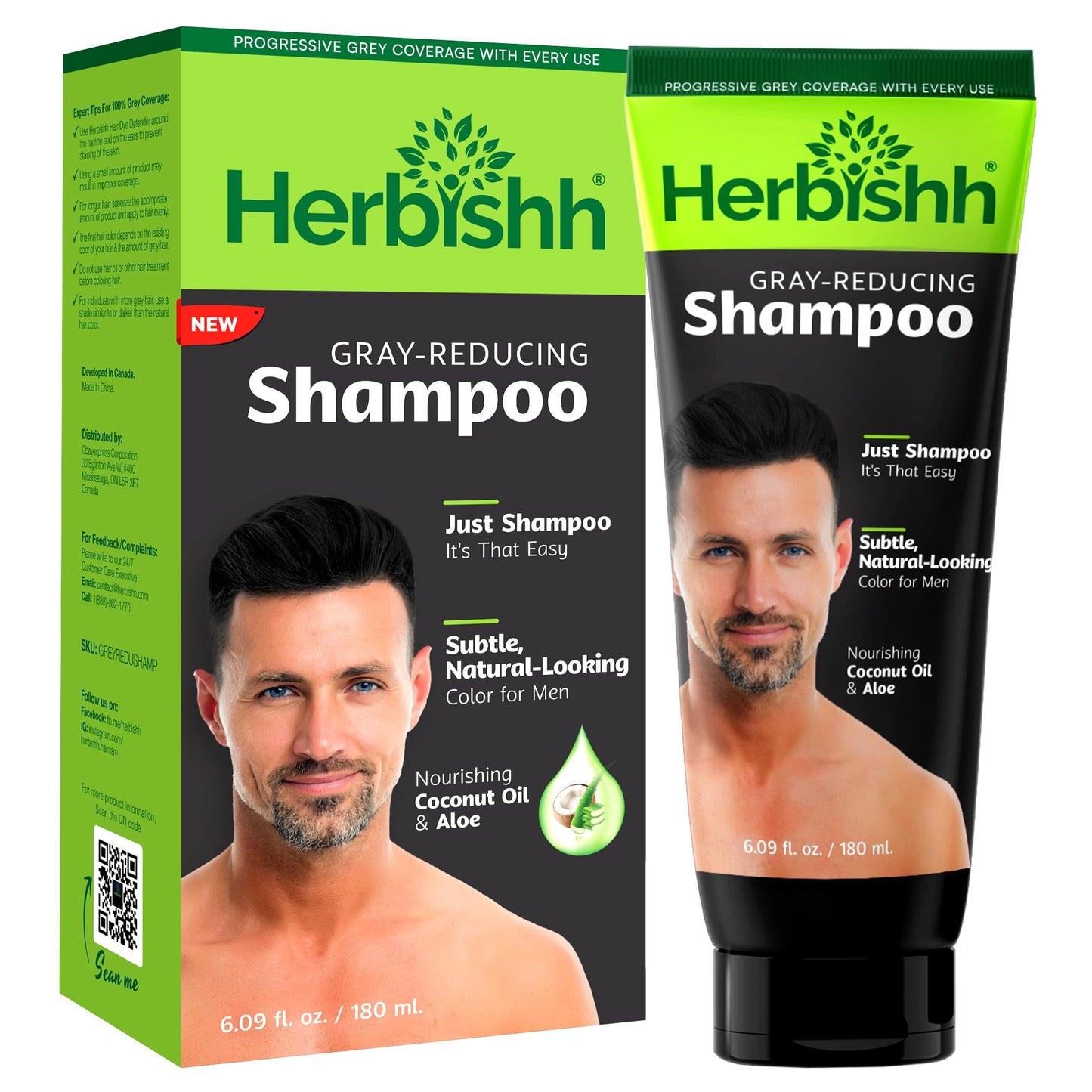 White Smoke Herbishh Gray Reducing Shampoo for Men, Hair Darkening & Volume Boost with Every Wash, Cleanses & Revitalizes, Easy At-Home Use, Safe for Light Brown to Black Shades, All Hair Types 6.09 fl.oz