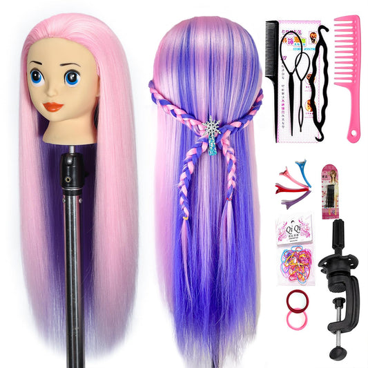 White Smoke Mannequin Head with 26 inch Long Synthetic Fiber Colorful Hair Styling Training Head Manikin Cosmetology Doll Head Hairdressing Training Model for Cutting Braiding Practice and Free Clamp Holder