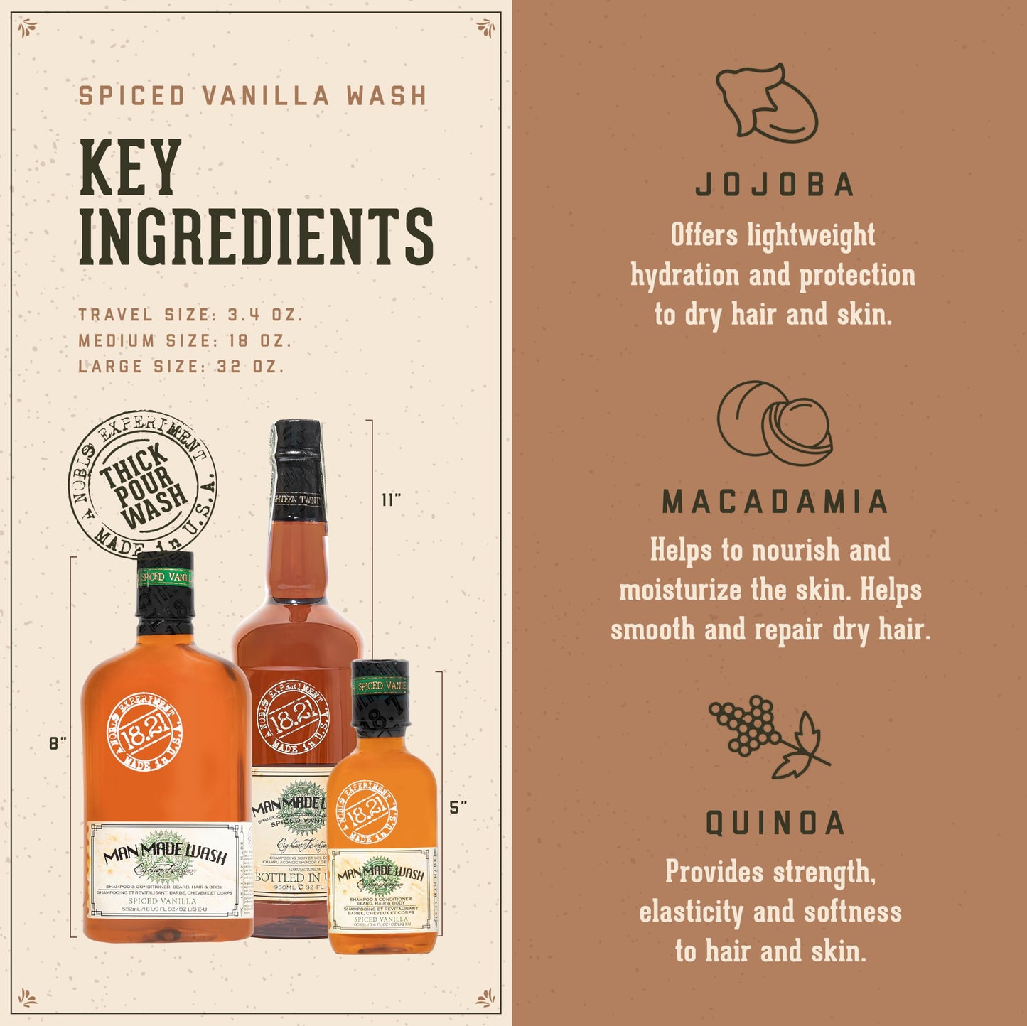 Antique White 18.21 Man Made Original Spiced Vanilla 3-in-1 Body Wash, Shampoo, & Conditioner for Men, All Hair & Skin Types, Strengthens and Moisturizes in a Manly Aroma, 32oz