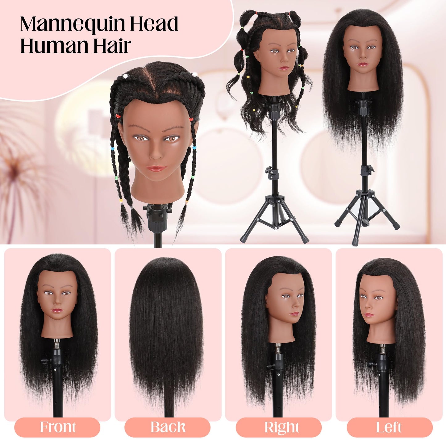Misty Rose Mannequin Head 100% Real Human Hair 16", Mannequin Head Human Hair Cosmetology Doll Head for Hair Styling, Manikin Head for Braiding With Clamp Holder