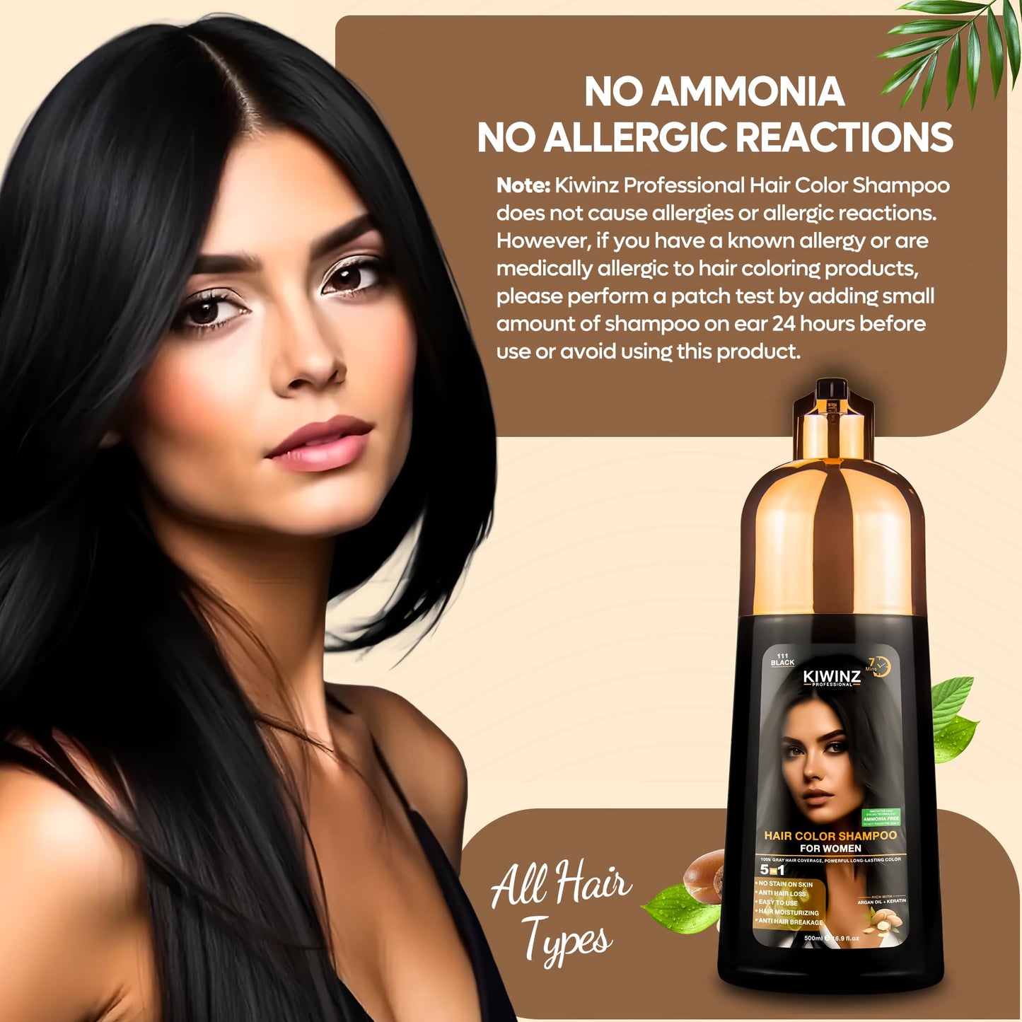Black Kiwinz Professional Hair Color Shampoo – 5 in 1 Hair Dye Shampoo for Grey Hair - Instant Hair Dye with 100% Color Accuracy Enriched with Natural Ingredients - Ammonia Free - 500ml (Black)