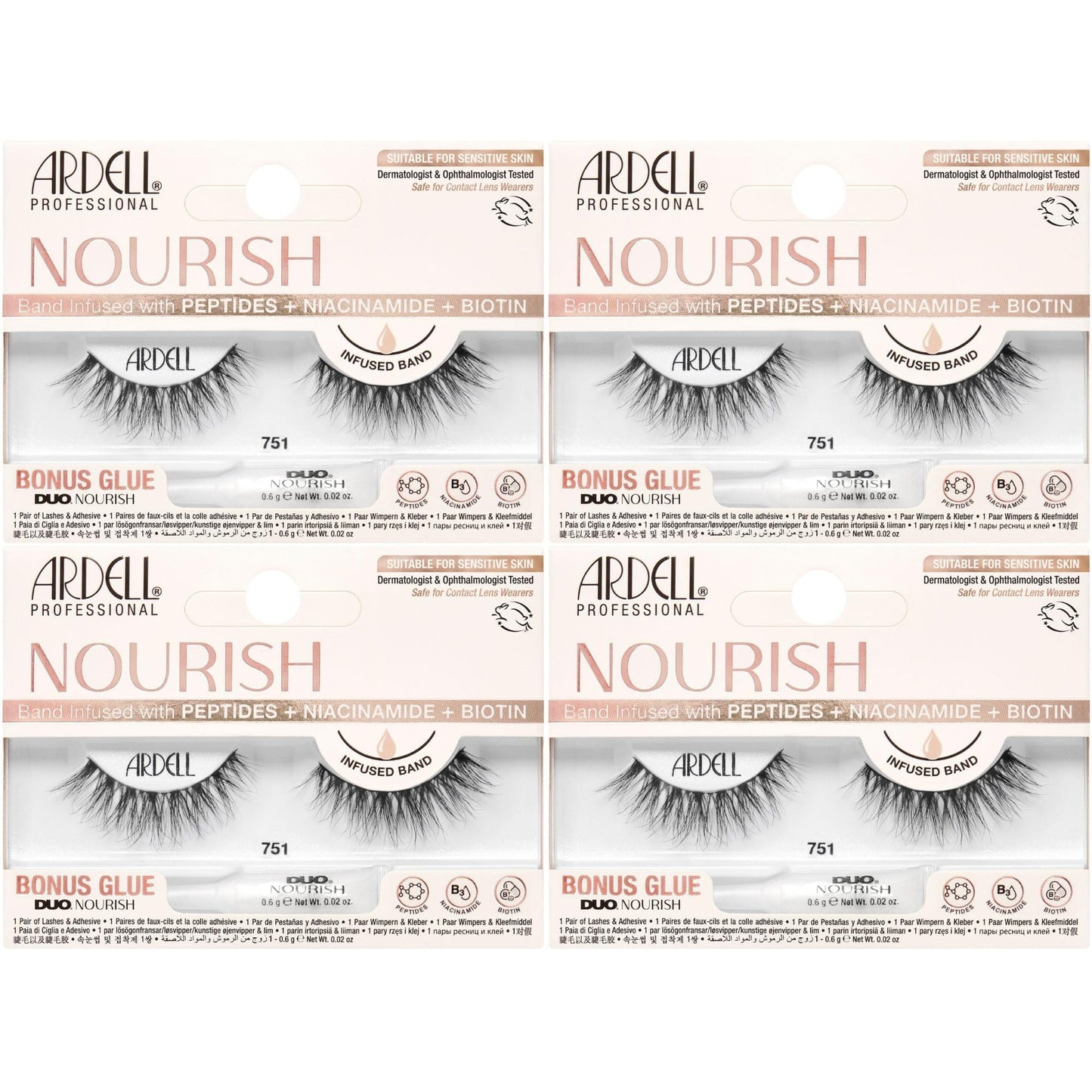 Misty Rose Ardell Nourish Lashes 751 – False Eyelashes with Peptides & Biotin Infused Band, Lash Glue Included, Natural Wispy Strip Lashes for Sensitive Eyes, 4 Pack