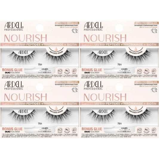Misty Rose Ardell Nourish Lashes 751 – False Eyelashes with Peptides & Biotin Infused Band, Lash Glue Included, Natural Wispy Strip Lashes for Sensitive Eyes, 4 Pack
