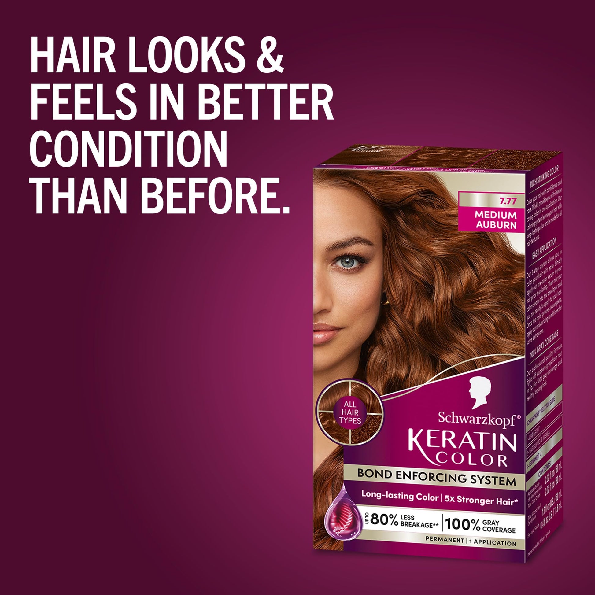 Dark Red Schwarzkopf Keratin Permanent Hair Dye Cream, 7.7 Medium Auburn, Professional Quality Color for Up to 100% Gray Coverage, Bond Enforcing System