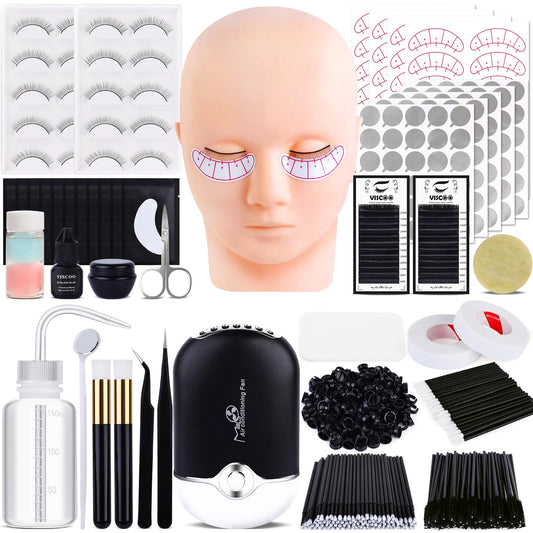White Smoke Eyelash Extension Kit for Beginners, Professional Lash Extension Kit with Mannequin Head, Lash Starter Kit with Lash Fan, Lash Extension Supplies for Practice Training Kit(Black)