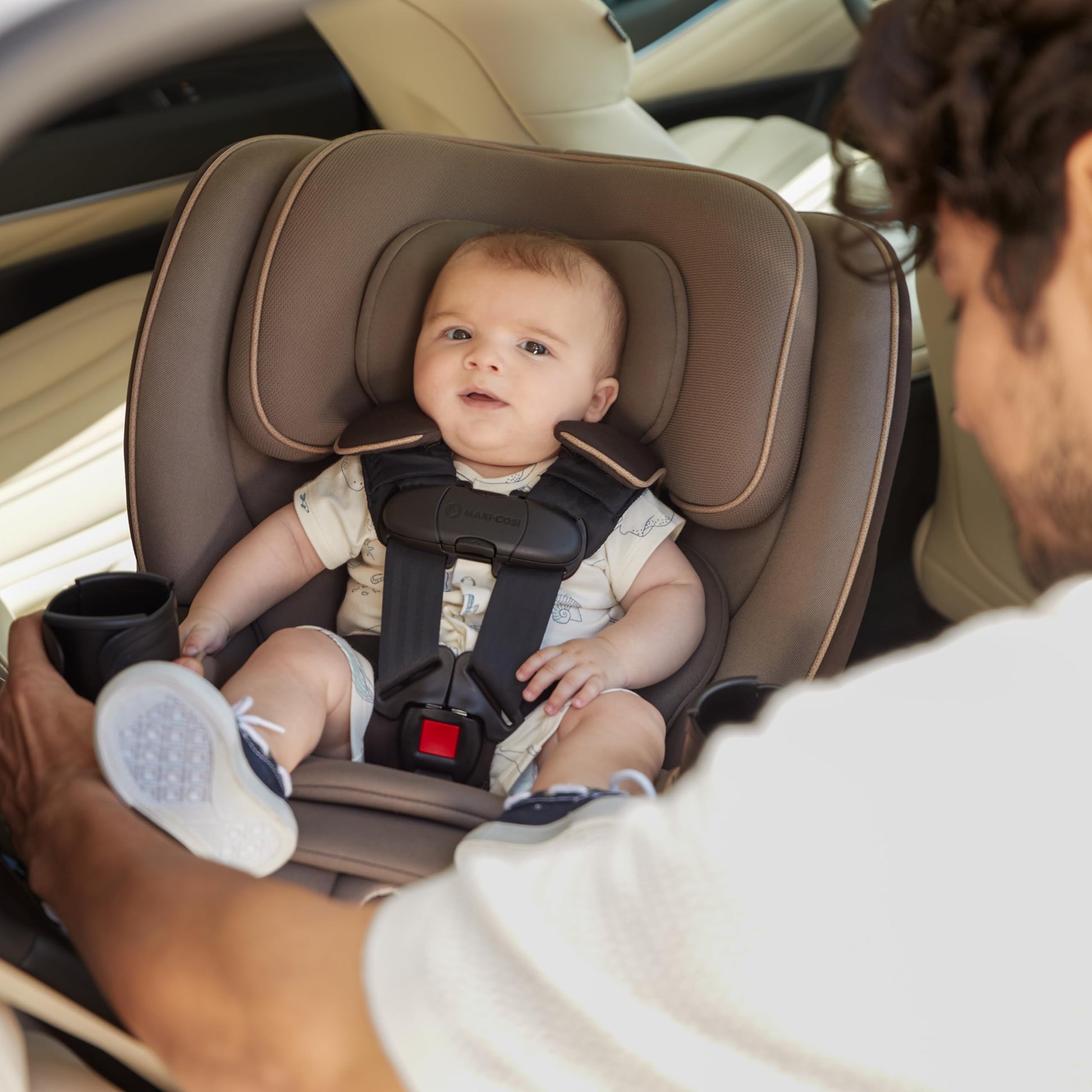 Light Gray Maxi-Cosi Andi 360 Rotating All-in-One Baby Convertible Car Seat, Rear Facing, Forward Facing Infant Toddler Booster, Easy Rotation, Tension System, Harness Adjust, Truffle