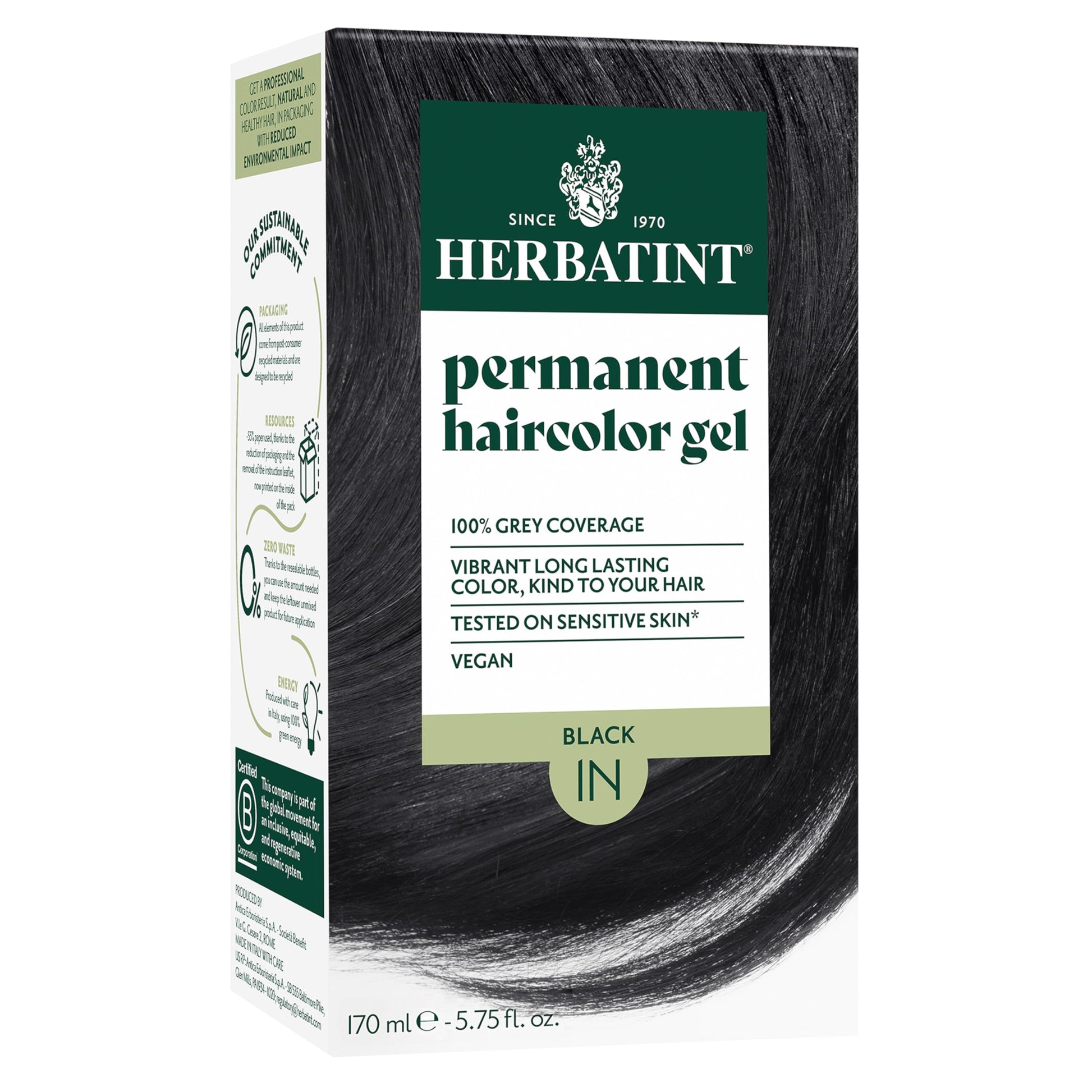 White Smoke Herbatint Permanent Hair Dye - 1N Black - For Up To 100% Gray Coverage of Resistant Gray Hair - Ammonia-Free, Alcohol-Free & Vegan - Salon Influenced Hair color 5.75 fl oz
